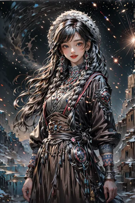 <(best quality, extremery best quality, masterpiece:1.4), (realistic, intricate details:1.4), (photorealistic:1.4), (extremely intricate:1.4), highres, ultra highres, ultra detailed, ultra-detailed, absurdres, incredibly absurdres, extremely detailed, high quality, high resolution, hyperrealistic, ultra-realistic, hyper-detailed, top quality, best, fine detail, massive detail, Highly detailed, extreme detailed, highest detailed, high-res, absolutely resolution, reflection, (refraction:1.4), (hyperrealism:1.4)>, BREAK, (1girl:1.3), solo, looking at viewer, (young cute beautiful 18-year-old girl:1.4), 3d face, (hand of Guido Daniele:1.4), beautiful girl, Beautiful face, pretty, girlface, kpop idol, supermodel, stunning innocent symmetry face, perfect body, medium breast, slim waist, slim legs, (high detailed skin:1.5), glowing eyes, goddess, natural skin texture, shiny skin, White skin, Beautiful detailed face, detailed face, real skin texture, cute delicate face, finely detailed face, golden ratio, golden ratio face, expressive eyes, perfect face, perfect skin, flawless face, clear face, shiny hair, pale skin, Proper body proportion, perfect anatomy, realistic skin texture, luscious lips, glossy lips, natural makeup, beautiful bright pupils, slender figure, intricate eyes, detailed pupils, detailed face and eyes, longeyelashes, blush, good hand, perfect hands, pretty face, beautiful female bodies, finely detailed skin, oily shiny skin, clean facial features, an extremely delicate and beautiful, cute & girly, beautiful detailed eyes, stars in the eyes, detailed simmetric eyes, perfect smooth skin texture, BREAK, (((((brilliant colors, (Tibetan, fur hat, front view, dancing, Prairie, sunset, mountain, Yak, sheep, ride a pink horse, river, pink horses on the river, Wolf:1.4), (Tibetan girl, bonfire, surrounded by vast grasslands, Tibetan tent, traditional clothes, braids, peaceful atmosphere, mountainous backdrop, camping trip, authentic cultural experience, night sky full of stars, crackling fire sounds, quiet whispers, hushed conversations, Tibetan tea, warm blankets, tranquil silence, crisp air, soulful melodies, traditional musical instruments, a sense of belonging, bonding with nature, quiet reflection:1.4), (smile, blush, Pink hair, Pink eye, long hair, Pink eyelashes, Pink lips, Pink lip colour, Eyes glowing Pink, flat bangs, happy expression, warm smile, cute smile, smiling:1.4), (long_hair, mountain background, forest, river in background, landscape, water reflection, outdoors:1.3), (night, Night time, moon light, Golden Hour, sky, landscape, stars, starry, galaxy sky, milky way:1.3), (mountains, full moon background, moutains, breeze, dust is drifting, ethereal, scenery, nature, mysterious background, fog, wind:1.2), (iridescent colors, Iridescence, mysterious, fantasy background, fantasy, open mouth:1.2), (Luminescent Particles:1.3), (fullbody:1.2), (eye focus, face focus, character focus, close-up face:1.2), (dutch angle, cowboy shot:1.3), colorful refraction)))), BREAK, <cinematic portrait, analog film photography, film emulation, bokeh, blurry noise background, watercolor, available light, detailed light, volumetric fog, beautiful lighting, Rembrandt lighting, Cinematic, pixel art, game art, key visual, surreal, PBR Texturing, Anisotropic Filtering, Maximum Clarity And Sharpness, Albedo And Specular Maps, Multi-Layered Textures, Surface Shading, Sub-Pixel Convolution, Sub-Pixel Convolution, Accurate Simulation Of Light-Material Interaction, blurry foreground, broad light, volumetric light effect, matte painting, perfectly defined features, volumetric lighting, Tone Mapping, Lumen Reflections, Global illumination, Ray Tracing, Screen Space Global Illumination, Accent Lighting, 32k, Natural Lighting, volumetric, cinematic masterpiece, Rule of thirds, high dynamic range, Multi-exposure HDR capture, cinematic render, game cg cinematic, atmospheric perspective, scene, epic dynamic frame, motion blur, ((cinematic look, Film look)), rim light, 4k textures, adobe lightroom, photolab, insane details, hyperdetailed, exposure blend, professional color grading, professional color correction, aerial perspective, particles and dust in beams of light, cinematic scene, dynamic lighting, sharp details, lomography, soft focus, light leaks, bold hues, atmospheric depth, (explosive light and shadow:1.2), aesthetics, intricate designs, ultra realistic digital art, (zentangle, mandala, tangle, entangle), (fractal art), elegant, vivid colours, floating particles, particles, dramatic, epic, (ink drawing, oil painting detailed), (dramatic lighting:1.2), RAW, huge filesize, extremery detailed CG, Photo, 8k uhd, cinematic atmosphere, trending on artstation, award-winning glamour photograph, highly detailed photo, official art, beautiful and aesthetic, unity 8k wallpaper, beautiful, highly detailed CG illustration, best illustration, intricate, Amazing, emotional, analog, painting, digital painting, concept art, Oil Painting, illustration, Classical art, Renaissance, Romanticism, Neoclassicism, Color Palette, depth and contrast, Vibrant colors, saturated, rich saturation, color harmony, vivid palette, concept-art, design style, detail character, concept render, colorful, analog photography, dreamy atmosphere, specular highlights, atmospheric lighting, (dynamic angle, dynamic pose :1.3), (shiny, clothes reflecting light, lens flare, bloom effect, light particle, lens glare:1.3), realistic lighting, cinematic light, (cinematic lighting), light in the face, soft lighting, saturated colors, detailed background, sharp focus, 8k high definition, perspective, Master Composition, roughness, post-processing, soft shadows, realistic shadows, ambient occlusion, ray-tracing, subsurface scattering, photon mapping, physically-based rendering, octane rendering, unreal engine 5, ue5 rendering, Adobe After FX, dslr, RTX, Best character details, radiosity, sharp, antialiased, RAW photo, HDR, 8k, 4k, (((Photographed by Roger Deakins, using a RED Monstro 8K VV camera and a series of high-end lenses))), ((Hasselblad photography)), (film grain:1.4), Kodak portra 400, ((Fujifilm X-T5)), professional photograph, depth of field, caustics, Broad lighting, diffuse lighting, rim lighting, two tone lighting, textile details, visible pores, high resolution scan, professionally color graded, photographic reality, automatic white balance, best lighting, detailed shadow, high contrast, strong light and shadow>, (PureErosFace_V1:0.7), (ulzzang-6500:0.7), <lora:epiNoiseoffset_v3:2>, <lora:add_detail:0.7>, <lora:hipoly_3dcg_v7-epoch-000012:0.7>, (kbxll:0.7), <lora:more_details:0.7>, <lora:Tibetan_v1:0.9>