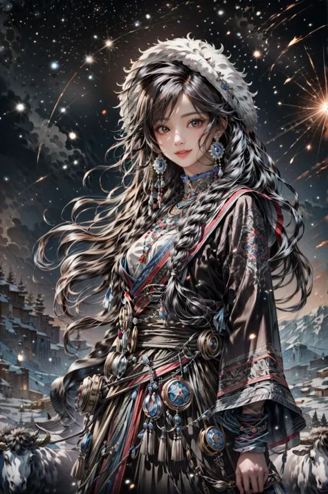 <(best quality, extremery best quality, masterpiece:1.4), (realistic, intricate details:1.4), (photorealistic:1.4), (extremely intricate:1.4), highres, ultra highres, ultra detailed, ultra-detailed, absurdres, incredibly absurdres, extremely detailed, high quality, high resolution, hyperrealistic, ultra-realistic, hyper-detailed, top quality, best, fine detail, massive detail, Highly detailed, extreme detailed, highest detailed, high-res, absolutely resolution, reflection, (refraction:1.4), (hyperrealism:1.4)>, BREAK, (1girl:1.3), solo, looking at viewer, (young cute beautiful 18-year-old girl:1.4), 3d face, (hand of Guido Daniele:1.4), beautiful girl, Beautiful face, pretty, girlface, kpop idol, supermodel, stunning innocent symmetry face, perfect body, medium breast, slim waist, slim legs, (high detailed skin:1.5), glowing eyes, goddess, natural skin texture, shiny skin, White skin, Beautiful detailed face, detailed face, real skin texture, cute delicate face, finely detailed face, golden ratio, golden ratio face, expressive eyes, perfect face, perfect skin, flawless face, clear face, shiny hair, pale skin, Proper body proportion, perfect anatomy, realistic skin texture, luscious lips, glossy lips, natural makeup, beautiful bright pupils, slender figure, intricate eyes, detailed pupils, detailed face and eyes, longeyelashes, blush, good hand, perfect hands, pretty face, beautiful female bodies, finely detailed skin, oily shiny skin, clean facial features, an extremely delicate and beautiful, cute & girly, beautiful detailed eyes, stars in the eyes, detailed simmetric eyes, perfect smooth skin texture, BREAK, (((((brilliant colors, (Tibetan, fur hat, front view, dancing, Prairie, sunset, mountain, Yak, sheep, ride a pink horse, river, pink horses on the river, Wolf:1.4), (Tibetan girl, bonfire, surrounded by vast grasslands, Tibetan tent, traditional clothes, braids, peaceful atmosphere, mountainous backdrop, camping trip, authentic cultural experience, night sky full of stars, crackling fire sounds, quiet whispers, hushed conversations, Tibetan tea, warm blankets, tranquil silence, crisp air, soulful melodies, traditional musical instruments, a sense of belonging, bonding with nature, quiet reflection:1.4), (smile, blush, Pink hair, Pink eye, long hair, Pink eyelashes, Pink lips, Pink lip colour, Eyes glowing Pink, flat bangs, happy expression, warm smile, cute smile, smiling:1.4), (long_hair, mountain background, forest, river in background, landscape, water reflection, outdoors:1.3), (night, Night time, moon light, Golden Hour, sky, landscape, stars, starry, galaxy sky, milky way:1.3), (mountains, full moon background, moutains, breeze, dust is drifting, ethereal, scenery, nature, mysterious background, fog, wind:1.2), (iridescent colors, Iridescence, mysterious, fantasy background, fantasy, open mouth:1.2), (Luminescent Particles:1.3), (fullbody:1.2), (eye focus, face focus, character focus, close-up face:1.2), (dutch angle, cowboy shot:1.3), colorful refraction)))), BREAK, <cinematic portrait, analog film photography, film emulation, bokeh, blurry noise background, watercolor, available light, detailed light, volumetric fog, beautiful lighting, Rembrandt lighting, Cinematic, pixel art, game art, key visual, surreal, PBR Texturing, Anisotropic Filtering, Maximum Clarity And Sharpness, Albedo And Specular Maps, Multi-Layered Textures, Surface Shading, Sub-Pixel Convolution, Sub-Pixel Convolution, Accurate Simulation Of Light-Material Interaction, blurry foreground, broad light, volumetric light effect, matte painting, perfectly defined features, volumetric lighting, Tone Mapping, Lumen Reflections, Global illumination, Ray Tracing, Screen Space Global Illumination, Accent Lighting, 32k, Natural Lighting, volumetric, cinematic masterpiece, Rule of thirds, high dynamic range, Multi-exposure HDR capture, cinematic render, game cg cinematic, atmospheric perspective, movie scene, epic dynamic frame, motion blur, ((cinematic look, Film look)), rim light, 4k textures, adobe lightroom, photolab, insane details, hyperdetailed, exposure blend, professional color grading, professional color correction, aerial perspective, particles and dust in beams of light, cinematic scene, dynamic lighting, sharp details, lomography, soft focus, light leaks, bold hues, atmospheric depth, (explosive light and shadow:1.2), aesthetics, intricate designs, ultra realistic digital art, (zentangle, mandala, tangle, entangle), (fractal art), elegant, vivid colours, floating particles, particles, dramatic, epic, (ink drawing, oil painting detailed), (dramatic lighting:1.2), RAW, huge filesize, extremery detailed CG, Photo, 8k uhd, cinematic atmosphere, trending on artstation, award-winning glamour photograph, highly detailed photo, official art, beautiful and aesthetic, unity 8k wallpaper, beautiful, highly detailed CG illustration, best illustration, intricate, Amazing, emotional, analog, painting, digital painting, concept art, Oil Painting, illustration, Classical art, Renaissance, Romanticism, Neoclassicism, Color Palette, depth and contrast, Vibrant colors, saturated, rich saturation, color harmony, vivid palette, concept-art, design style, detail character, concept render, colorful, analog photography, dreamy atmosphere, specular highlights, atmospheric lighting, (dynamic angle, dynamic pose :1.3), (shiny, clothes reflecting light, lens flare, bloom effect, light particle, lens glare:1.3), realistic lighting, cinematic light, (cinematic lighting), light in the face, soft lighting, saturated colors, detailed background, sharp focus, 8k high definition, perspective, Master Composition, roughness, post-processing, soft shadows, realistic shadows, ambient occlusion, ray-tracing, subsurface scattering, photon mapping, physically-based rendering, octane rendering, unreal engine 5, ue5 rendering, Adobe After FX, dslr, RTX, Best character details, radiosity, sharp, antialiased, RAW photo, HDR, 8k, 4k, (((Photographed by Roger Deakins, using a RED Monstro 8K VV camera and a series of high-end lenses))), ((Hasselblad photography)), (film grain:1.4), Kodak portra 400, ((Fujifilm X-T5)), professional photograph, depth of field, caustics, Broad lighting, diffuse lighting, rim lighting, two tone lighting, textile details, visible pores, high resolution scan, professionally color graded, photographic reality, automatic white balance, best lighting, detailed shadow, high contrast, strong light and shadow>, (PureErosFace_V1:0.7), (ulzzang-6500:0.7), <lora:epiNoiseoffset_v3:2>, <lora:add_detail:0.7>, <lora:hipoly_3dcg_v7-epoch-000012:0.7>, (kbxll:0.7), <lora:more_details:0.7>, <lora:Tibetan_v1:0.9>
