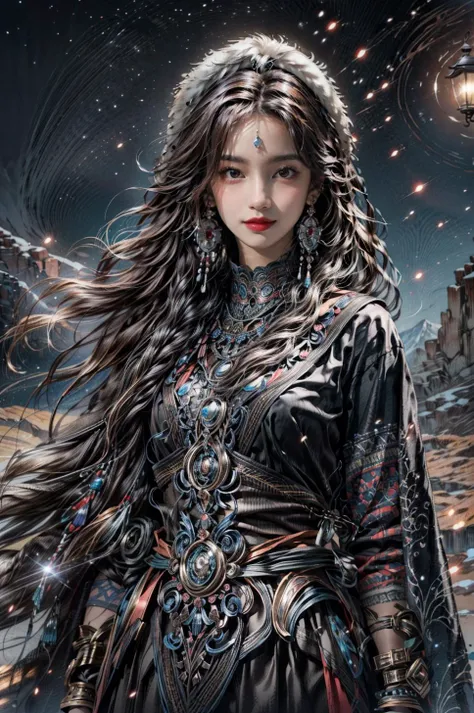 <(best quality, extremery best quality, masterpiece:1.4), (realistic, intricate details:1.4), (photorealistic:1.4), (extremely intricate:1.4), highres, ultra highres, ultra detailed, ultra-detailed, absurdres, incredibly absurdres, extremely detailed, high quality, high resolution, hyperrealistic, ultra-realistic, hyper-detailed, top quality, best, fine detail, massive detail, Highly detailed, extreme detailed, highest detailed, high-res, absolutely resolution, reflection, (refraction:1.4), (hyperrealism:1.4)>, BREAK, (1girl:1.3), solo, looking at viewer, (young cute beautiful 18-year-old girl:1.4), 3d face, (hand of Guido Daniele:1.4), beautiful girl, Beautiful face, pretty, girlface, kpop idol, supermodel, stunning innocent symmetry face, perfect body, medium breast, slim waist, slim legs, (high detailed skin:1.5), glowing eyes, goddess, natural skin texture, shiny skin, White skin, Beautiful detailed face, detailed face, real skin texture, cute delicate face, finely detailed face, golden ratio, golden ratio face, expressive eyes, perfect face, perfect skin, flawless face, clear face, shiny hair, pale skin, Proper body proportion, perfect anatomy, realistic skin texture, luscious lips, glossy lips, natural makeup, beautiful bright pupils, slender figure, intricate eyes, detailed pupils, detailed face and eyes, longeyelashes, blush, good hand, perfect hands, pretty face, beautiful female bodies, finely detailed skin, oily shiny skin, clean facial features, an extremely delicate and beautiful, cute & girly, beautiful detailed eyes, stars in the eyes, detailed simmetric eyes, perfect smooth skin texture, BREAK, (((((brilliant colors, (Tibetan, fur hat, front view, dancing, Prairie, sunset, mountain, Yak, sheep, ride a pink horse, river, pink horses on the river, Wolf:1.4), (Tibetan girl, bonfire, surrounded by vast grasslands, Tibetan tent, traditional clothes, braids, peaceful atmosphere, mountainous backdrop, camping trip, authentic cultural experience, night sky full of stars, crackling fire sounds, quiet whispers, hushed conversations, Tibetan tea, warm blankets, tranquil silence, crisp air, soulful melodies, traditional musical instruments, a sense of belonging, bonding with nature, quiet reflection:1.4), (smile, blush, Pink hair, Pink eye, long hair, Pink eyelashes, Pink lips, Pink lip colour, Eyes glowing Pink, flat bangs, happy expression, warm smile, cute smile, smiling:1.4), (long_hair, mountain background, forest, river in background, landscape, water reflection, outdoors:1.3), (night, Night time, moon light, Golden Hour, sky, landscape, stars, starry, galaxy sky, milky way:1.3), (mountains, full moon background, moutains, breeze, dust is drifting, ethereal, scenery, nature, mysterious background, fog, wind:1.2), (iridescent colors, Iridescence, mysterious, fantasy background, fantasy, open mouth:1.2), (Luminescent Particles:1.3), (fullbody:1.2), (eye focus, face focus, character focus, close-up face:1.2), (dutch angle, cowboy shot:1.3), colorful refraction)))), BREAK, <cinematic portrait, analog film photography, film emulation, bokeh, blurry noise background, watercolor, available light, detailed light, volumetric fog, beautiful lighting, Rembrandt lighting, Cinematic, pixel art, game art, key visual, surreal, PBR Texturing, Anisotropic Filtering, Maximum Clarity And Sharpness, Albedo And Specular Maps, Multi-Layered Textures, Surface Shading, Sub-Pixel Convolution, Sub-Pixel Convolution, Accurate Simulation Of Light-Material Interaction, blurry foreground, broad light, volumetric light effect, matte painting, perfectly defined features, volumetric lighting, Tone Mapping, Lumen Reflections, Global illumination, Ray Tracing, Screen Space Global Illumination, Accent Lighting, 32k, Natural Lighting, volumetric, cinematic masterpiece, Rule of thirds, high dynamic range, Multi-exposure HDR capture, cinematic render, game cg cinematic, atmospheric perspective, movie scene, epic dynamic frame, motion blur, ((cinematic look, Film look)), rim light, 4k textures, adobe lightroom, photolab, insane details, hyperdetailed, exposure blend, professional color grading, professional color correction, aerial perspective, particles and dust in beams of light, cinematic scene, dynamic lighting, sharp details, lomography, soft focus, light leaks, bold hues, atmospheric depth, (explosive light and shadow:1.2), aesthetics, intricate designs, ultra realistic digital art, (zentangle, mandala, tangle, entangle), (fractal art), elegant, vivid colours, floating particles, particles, dramatic, epic, (ink drawing, oil painting detailed), (dramatic lighting:1.2), RAW, huge filesize, extremery detailed CG, Photo, 8k uhd, cinematic atmosphere, trending on artstation, award-winning glamour photograph, highly detailed photo, official art, beautiful and aesthetic, unity 8k wallpaper, beautiful, highly detailed CG illustration, best illustration, intricate, Amazing, emotional, analog, painting, digital painting, concept art, Oil Painting, illustration, Classical art, Renaissance, Romanticism, Neoclassicism, Color Palette, depth and contrast, Vibrant colors, saturated, rich saturation, color harmony, vivid palette, concept-art, design style, detail character, concept render, colorful, analog photography, dreamy atmosphere, specular highlights, atmospheric lighting, (dynamic angle, dynamic pose :1.3), (shiny, clothes reflecting light, lens flare, bloom effect, light particle, lens glare:1.3), realistic lighting, cinematic light, (cinematic lighting), light in the face, soft lighting, saturated colors, detailed background, sharp focus, 8k high definition, perspective, Master Composition, roughness, post-processing, soft shadows, realistic shadows, ambient occlusion, ray-tracing, subsurface scattering, photon mapping, physically-based rendering, octane rendering, unreal engine 5, ue5 rendering, Adobe After FX, dslr, RTX, Best character details, radiosity, sharp, antialiased, RAW photo, HDR, 8k, 4k, (((Photographed by Roger Deakins, using a RED Monstro 8K VV camera and a series of high-end lenses))), ((Hasselblad photography)), (film grain:1.4), Kodak portra 400, ((Fujifilm X-T5)), professional photograph, depth of field, caustics, Broad lighting, diffuse lighting, rim lighting, two tone lighting, textile details, visible pores, high resolution scan, professionally color graded, photographic reality, automatic white balance, best lighting, detailed shadow, high contrast, strong light and shadow>, (PureErosFace_V1:0.7), (ulzzang-6500:0.7), <lora:epiNoiseoffset_v3:2>, <lora:add_detail:0.7>, <lora:hipoly_3dcg_v7-epoch-000012:0.7>, (kbxll:0.7), <lora:more_details:0.7>, <lora:Tibetan_v1:0.9>