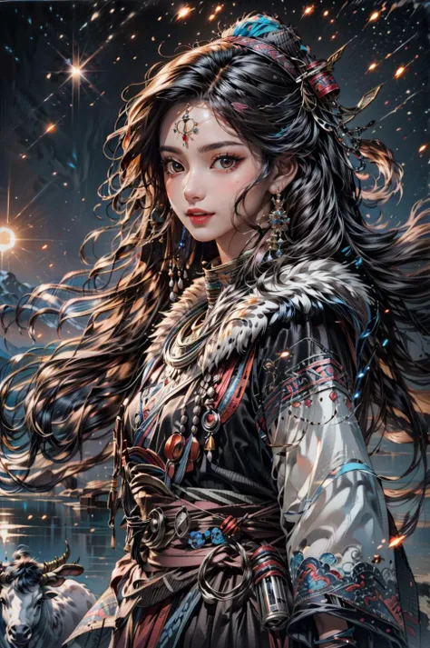 <(best quality, extremery best quality, masterpiece:1.4), (realistic, intricate details:1.4), (photorealistic:1.4), (extremely intricate:1.4), highres, ultra highres, ultra detailed, ultra-detailed, absurdres, incredibly absurdres, extremely detailed, high quality, high resolution, hyperrealistic, ultra-realistic, hyper-detailed, top quality, best, fine detail, massive detail, Highly detailed, extreme detailed, highest detailed, high-res, absolutely resolution, reflection, (refraction:1.4), (hyperrealism:1.4)>, BREAK, (1girl:1.3), solo, looking at viewer, (young cute beautiful 18-year-old girl:1.4), 3d face, (hand of Guido Daniele:1.4), beautiful girl, Beautiful face, pretty, girlface, kpop idol, supermodel, stunning innocent symmetry face, perfect body, medium breast, slim waist, slim legs, (high detailed skin:1.5), glowing eyes, goddess, natural skin texture, shiny skin, White skin, Beautiful detailed face, detailed face, real skin texture, cute delicate face, finely detailed face, golden ratio, golden ratio face, expressive eyes, perfect face, perfect skin, flawless face, clear face, shiny hair, pale skin, Proper body proportion, perfect anatomy, realistic skin texture, luscious lips, glossy lips, natural makeup, beautiful bright pupils, slender figure, intricate eyes, detailed pupils, detailed face and eyes, longeyelashes, blush, good hand, perfect hands, pretty face, beautiful female bodies, finely detailed skin, oily shiny skin, clean facial features, an extremely delicate and beautiful, cute & girly, beautiful detailed eyes, stars in the eyes, detailed simmetric eyes, perfect smooth skin texture, BREAK, (((((brilliant colors, (Tibetan, fur hat, front view, dancing, Prairie, sunset, mountain, Yak, sheep, ride a pink horse, river, pink horses on the river:1.4), (Tibetan girl, bonfire, surrounded by vast grasslands, Tibetan tent, traditional clothes, braids, peaceful atmosphere, mountainous backdrop, camping trip, authentic cultural experience, night sky full of stars, crackling fire sounds, quiet whispers, hushed conversations, Tibetan tea, warm blankets, tranquil silence, crisp air, soulful melodies, traditional musical instruments, a sense of belonging, bonding with nature, quiet reflection:1.4), (smile, blush, Pink hair, Pink eye, long hair, Pink eyelashes, Pink lips, Pink lip colour, Eyes glowing Pink, flat bangs, happy expression, warm smile:1.4), (long_hair, mountain background, forest, river in background, landscape, water reflection, outdoors:1.3), (night, Night time, moon light, Golden Hour, sky, landscape, stars:1.2), (mountains, full moon background, moutains, breeze, dust is drifting, ethereal, scenery, nature, mysterious background, fog, wind:1.2), (iridescent colors, Iridescence, mysterious, fantasy background, fantasy, open mouth:1.2), (Luminescent Particles:1.3), (fullbody:1.2), (eye focus, face focus, character focus, close-up face:1.2), (dutch angle, cowboy shot:1.3), colorful refraction)))), BREAK, <cinematic portrait, analog film photography, film emulation, bokeh, blurry noise background, watercolor, available light, detailed light, volumetric fog, beautiful lighting, Rembrandt lighting, Cinematic, pixel art, game art, key visual, surreal, PBR Texturing, Anisotropic Filtering, Maximum Clarity And Sharpness, Albedo And Specular Maps, Multi-Layered Textures, Surface Shading, Sub-Pixel Convolution, Sub-Pixel Convolution, Accurate Simulation Of Light-Material Interaction, blurry foreground, broad light, volumetric light effect, matte painting, perfectly defined features, volumetric lighting, Tone Mapping, Lumen Reflections, Global illumination, Ray Tracing, Screen Space Global Illumination, Accent Lighting, 32k, Natural Lighting, volumetric, cinematic masterpiece, Rule of thirds, high dynamic range, Multi-exposure HDR capture, cinematic render, game cg cinematic, atmospheric perspective, movie scene, epic dynamic frame, motion blur, ((cinematic look, Film look)), rim light, 4k textures, adobe lightroom, photolab, insane details, hyperdetailed, exposure blend, professional color grading, professional color correction, aerial perspective, particles and dust in beams of light, cinematic scene, dynamic lighting, sharp details, lomography, soft focus, light leaks, bold hues, atmospheric depth, (explosive light and shadow:1.2), aesthetics, intricate designs, ultra realistic digital art, (zentangle, mandala, tangle, entangle), (fractal art), elegant, vivid colours, floating particles, particles, dramatic, epic, (ink drawing, oil painting detailed), (dramatic lighting:1.2), RAW, huge filesize, extremery detailed CG, Photo, 8k uhd, cinematic atmosphere, trending on artstation, award-winning glamour photograph, highly detailed photo, official art, beautiful and aesthetic, unity 8k wallpaper, beautiful, highly detailed CG illustration, best illustration, intricate, Amazing, emotional, analog, painting, digital painting, concept art, Oil Painting, illustration, Classical art, Renaissance, Romanticism, Neoclassicism, Color Palette, depth and contrast, Vibrant colors, saturated, rich saturation, color harmony, vivid palette, concept-art, design style, detail character, concept render, colorful, analog photography, dreamy atmosphere, specular highlights, atmospheric lighting, (dynamic angle, dynamic pose :1.3), (shiny, clothes reflecting light, lens flare, bloom effect, light particle, lens glare:1.3), realistic lighting, cinematic light, (cinematic lighting), light in the face, soft lighting, saturated colors, detailed background, sharp focus, 8k high definition, perspective, Master Composition, roughness, post-processing, soft shadows, realistic shadows, ambient occlusion, ray-tracing, subsurface scattering, photon mapping, physically-based rendering, octane rendering, unreal engine 5, ue5 rendering, Adobe After FX, dslr, RTX, Best character details, radiosity, sharp, antialiased, RAW photo, HDR, 8k, 4k, (((Photographed by Roger Deakins, using a RED Monstro 8K VV camera and a series of high-end lenses))), ((Hasselblad photography)), (film grain:1.4), Kodak portra 400, ((Fujifilm X-T5)), professional photograph, depth of field, caustics, Broad lighting, diffuse lighting, rim lighting, two tone lighting, textile details, visible pores, high resolution scan, professionally color graded, photographic reality, automatic white balance, best lighting, detailed shadow, high contrast, strong light and shadow>, (PureErosFace_V1:0.7), (ulzzang-6500:0.7), <lora:epiNoiseoffset_v3:2>, <lora:add_detail:0.7>, <lora:hipoly_3dcg_v7-epoch-000012:0.7>, (kbxll:0.7), <lora:more_details:0.7>, <lora:Tibetan_v1:0.9>