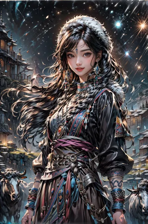 <(best quality, extremery best quality, masterpiece:1.4), (realistic, intricate details:1.4), (photorealistic:1.4), (extremely intricate:1.4), highres, ultra highres, ultra detailed, ultra-detailed, absurdres, incredibly absurdres, extremely detailed, high quality, high resolution, hyperrealistic, ultra-realistic, hyper-detailed, top quality, best, fine detail, massive detail, Highly detailed, extreme detailed, highest detailed, high-res, absolutely resolution, reflection, (refraction:1.4), (hyperrealism:1.4)>, BREAK, (1girl:1.3), solo, looking at viewer, (young cute beautiful 18-year-old girl:1.4), 3d face, (hand of Guido Daniele:1.4), beautiful girl, Beautiful face, pretty, girlface, kpop idol, supermodel, stunning innocent symmetry face, perfect body, medium breast, slim waist, slim legs, (high detailed skin:1.5), glowing eyes, goddess, natural skin texture, shiny skin, White skin, Beautiful detailed face, detailed face, real skin texture, cute delicate face, finely detailed face, golden ratio, golden ratio face, expressive eyes, perfect face, perfect skin, flawless face, clear face, shiny hair, pale skin, Proper body proportion, perfect anatomy, realistic skin texture, luscious lips, glossy lips, natural makeup, beautiful bright pupils, slender figure, intricate eyes, detailed pupils, detailed face and eyes, longeyelashes, blush, good hand, perfect hands, pretty face, beautiful female bodies, finely detailed skin, oily shiny skin, clean facial features, an extremely delicate and beautiful, cute & girly, beautiful detailed eyes, stars in the eyes, detailed simmetric eyes, perfect smooth skin texture, BREAK, (((((brilliant colors, (Tibetan, fur hat, front view, dancing, Prairie, sunset, mountain, Yak, sheep, ride a pink horse, river, pink horses on the river:1.4), (Tibetan girl, bonfire, surrounded by vast grasslands, Tibetan tent, traditional clothes, braids, peaceful atmosphere, mountainous backdrop, camping trip, authentic cultural experience, night sky full of stars, crackling fire sounds, quiet whispers, hushed conversations, Tibetan tea, warm blankets, tranquil silence, crisp air, soulful melodies, traditional musical instruments, a sense of belonging, bonding with nature, quiet reflection:1.4), (smile, blush, Pink hair, Pink eye, long hair, Pink eyelashes, Pink lips, Pink lip colour, Eyes glowing Pink, flat bangs, happy expression, warm smile, cute smile, smiling:1.4), (long_hair, mountain background, forest, river in background, landscape, water reflection, outdoors:1.3), (night, Night time, moon light, Golden Hour, sky, landscape, stars, starry, galaxy sky, milky way:1.3), (mountains, full moon background, moutains, breeze, dust is drifting, ethereal, scenery, nature, mysterious background, fog, wind:1.2), (iridescent colors, Iridescence, mysterious, fantasy background, fantasy, open mouth:1.2), (Luminescent Particles:1.3), (fullbody:1.2), (eye focus, face focus, character focus, close-up face:1.2), (dutch angle, cowboy shot:1.3), colorful refraction)))), BREAK, <cinematic portrait, analog film photography, film emulation, bokeh, blurry noise background, watercolor, available light, detailed light, volumetric fog, beautiful lighting, Rembrandt lighting, Cinematic, pixel art, game art, key visual, surreal, PBR Texturing, Anisotropic Filtering, Maximum Clarity And Sharpness, Albedo And Specular Maps, Multi-Layered Textures, Surface Shading, Sub-Pixel Convolution, Sub-Pixel Convolution, Accurate Simulation Of Light-Material Interaction, blurry foreground, broad light, volumetric light effect, matte painting, perfectly defined features, volumetric lighting, Tone Mapping, Lumen Reflections, Global illumination, Ray Tracing, Screen Space Global Illumination, Accent Lighting, 32k, Natural Lighting, volumetric, cinematic masterpiece, Rule of thirds, high dynamic range, Multi-exposure HDR capture, cinematic render, game cg cinematic, atmospheric perspective, movie scene, epic dynamic frame, motion blur, ((cinematic look, Film look)), rim light, 4k textures, adobe lightroom, photolab, insane details, hyperdetailed, exposure blend, professional color grading, professional color correction, aerial perspective, particles and dust in beams of light, cinematic scene, dynamic lighting, sharp details, lomography, soft focus, light leaks, bold hues, atmospheric depth, (explosive light and shadow:1.2), aesthetics, intricate designs, ultra realistic digital art, (zentangle, mandala, tangle, entangle), (fractal art), elegant, vivid colours, floating particles, particles, dramatic, epic, (ink drawing, oil painting detailed), (dramatic lighting:1.2), RAW, huge filesize, extremery detailed CG, Photo, 8k uhd, cinematic atmosphere, trending on artstation, award-winning glamour photograph, highly detailed photo, official art, beautiful and aesthetic, unity 8k wallpaper, beautiful, highly detailed CG illustration, best illustration, intricate, Amazing, emotional, analog, painting, digital painting, concept art, Oil Painting, illustration, Classical art, Renaissance, Romanticism, Neoclassicism, Color Palette, depth and contrast, Vibrant colors, saturated, rich saturation, color harmony, vivid palette, concept-art, design style, detail character, concept render, colorful, analog photography, dreamy atmosphere, specular highlights, atmospheric lighting, (dynamic angle, dynamic pose :1.3), (shiny, clothes reflecting light, lens flare, bloom effect, light particle, lens glare:1.3), realistic lighting, cinematic light, (cinematic lighting), light in the face, soft lighting, saturated colors, detailed background, sharp focus, 8k high definition, perspective, Master Composition, roughness, post-processing, soft shadows, realistic shadows, ambient occlusion, ray-tracing, subsurface scattering, photon mapping, physically-based rendering, octane rendering, unreal engine 5, ue5 rendering, Adobe After FX, dslr, RTX, Best character details, radiosity, sharp, antialiased, RAW photo, HDR, 8k, 4k, (((Photographed by Roger Deakins, using a RED Monstro 8K VV camera and a series of high-end lenses))), ((Hasselblad photography)), (film grain:1.4), Kodak portra 400, ((Fujifilm X-T5)), professional photograph, depth of field, caustics, Broad lighting, diffuse lighting, rim lighting, two tone lighting, textile details, visible pores, high resolution scan, professionally color graded, photographic reality, automatic white balance, best lighting, detailed shadow, high contrast, strong light and shadow>, (PureErosFace_V1:0.7), (ulzzang-6500:0.7), <lora:epiNoiseoffset_v3:2>, <lora:add_detail:0.7>, <lora:hipoly_3dcg_v7-epoch-000012:0.7>, (kbxll:0.7), <lora:more_details:0.7>, <lora:Tibetan_v1:0.9>