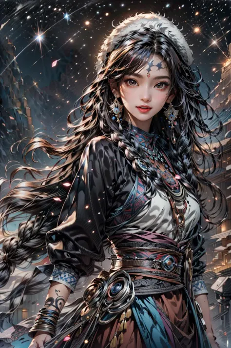 <(best quality, extremery best quality, masterpiece:1.4), (realistic, intricate details:1.4), (photorealistic:1.4), (extremely intricate:1.4), highres, ultra highres, ultra detailed, ultra-detailed, absurdres, incredibly absurdres, extremely detailed, high quality, high resolution, hyperrealistic, ultra-realistic, hyper-detailed, top quality, best, fine detail, massive detail, Highly detailed, extreme detailed, highest detailed, high-res, absolutely resolution, reflection, (refraction:1.4), (hyperrealism:1.4)>, BREAK, (1girl:1.3), solo, looking at viewer, (young cute beautiful 18-year-old girl:1.4), 3d face, (hand of Guido Daniele:1.4), beautiful girl, Beautiful face, pretty, girlface, kpop idol, supermodel, stunning innocent symmetry face, perfect body, medium breast, slim waist, slim legs, (high detailed skin:1.5), glowing eyes, goddess, natural skin texture, shiny skin, White skin, Beautiful detailed face, detailed face, real skin texture, cute delicate face, finely detailed face, golden ratio, golden ratio face, expressive eyes, perfect face, perfect skin, flawless face, clear face, shiny hair, pale skin, Proper body proportion, perfect anatomy, realistic skin texture, luscious lips, glossy lips, natural makeup, beautiful bright pupils, slender figure, intricate eyes, detailed pupils, detailed face and eyes, longeyelashes, blush, good hand, perfect hands, pretty face, beautiful female bodies, finely detailed skin, oily shiny skin, clean facial features, an extremely delicate and beautiful, cute & girly, beautiful detailed eyes, stars in the eyes, detailed simmetric eyes, perfect smooth skin texture, BREAK, (((((brilliant colors, (Tibetan, fur hat, front view, dancing, Prairie, sunset, mountain, Yak, sheep, ride a pink horse, river, pink horses on the river:1.4), (Tibetan girl, bonfire, surrounded by vast grasslands, Tibetan tent, traditional clothes, braids, peaceful atmosphere, mountainous backdrop, camping trip, authentic cultural experience, night sky full of stars, crackling fire sounds, quiet whispers, hushed conversations, Tibetan tea, warm blankets, tranquil silence, crisp air, soulful melodies, traditional musical instruments, a sense of belonging, bonding with nature, quiet reflection:1.4), (smile, blush, Pink hair, Pink eye, long hair, Pink eyelashes, Pink lips, Pink lip colour, Eyes glowing Pink, flat bangs, happy expression, warm smile:1.4), (long_hair, mountain background, forest, river in background, landscape, water reflection, outdoors:1.3), (night, Night time, moon light, Golden Hour, sky, landscape, stars:1.2), (mountains, full moon background, moutains, breeze, dust is drifting, ethereal, scenery, nature, mysterious background, fog, wind:1.2), (iridescent colors, Iridescence, mysterious, fantasy background, fantasy, open mouth:1.2), (Luminescent Particles:1.3), (fullbody:1.2), (eye focus, face focus, character focus, close-up face:1.2), (dutch angle, cowboy shot:1.3), colorful refraction)))), BREAK, <cinematic portrait, analog film photography, film emulation, bokeh, blurry noise background, watercolor, available light, detailed light, volumetric fog, beautiful lighting, Rembrandt lighting, Cinematic, pixel art, game art, key visual, surreal, PBR Texturing, Anisotropic Filtering, Maximum Clarity And Sharpness, Albedo And Specular Maps, Multi-Layered Textures, Surface Shading, Sub-Pixel Convolution, Sub-Pixel Convolution, Accurate Simulation Of Light-Material Interaction, blurry foreground, broad light, volumetric light effect, matte painting, perfectly defined features, volumetric lighting, Tone Mapping, Lumen Reflections, Global illumination, Ray Tracing, Screen Space Global Illumination, Accent Lighting, 32k, Natural Lighting, volumetric, cinematic masterpiece, Rule of thirds, high dynamic range, Multi-exposure HDR capture, cinematic render, game cg cinematic, atmospheric perspective, movie scene, epic dynamic frame, motion blur, ((cinematic look, Film look)), rim light, 4k textures, adobe lightroom, photolab, insane details, hyperdetailed, exposure blend, professional color grading, professional color correction, aerial perspective, particles and dust in beams of light, cinematic scene, dynamic lighting, sharp details, lomography, soft focus, light leaks, bold hues, atmospheric depth, (explosive light and shadow:1.2), aesthetics, intricate designs, ultra realistic digital art, (zentangle, mandala, tangle, entangle), (fractal art), elegant, vivid colours, floating particles, particles, dramatic, epic, (ink drawing, oil painting detailed), (dramatic lighting:1.2), RAW, huge filesize, extremery detailed CG, Photo, 8k uhd, cinematic atmosphere, trending on artstation, award-winning glamour photograph, highly detailed photo, official art, beautiful and aesthetic, unity 8k wallpaper, beautiful, highly detailed CG illustration, best illustration, intricate, Amazing, emotional, analog, painting, digital painting, concept art, Oil Painting, illustration, Classical art, Renaissance, Romanticism, Neoclassicism, Color Palette, depth and contrast, Vibrant colors, saturated, rich saturation, color harmony, vivid palette, concept-art, design style, detail character, concept render, colorful, analog photography, dreamy atmosphere, specular highlights, atmospheric lighting, (dynamic angle, dynamic pose :1.3), (shiny, clothes reflecting light, lens flare, bloom effect, light particle, lens glare:1.3), realistic lighting, cinematic light, (cinematic lighting), light in the face, soft lighting, saturated colors, detailed background, sharp focus, 8k high definition, perspective, Master Composition, roughness, post-processing, soft shadows, realistic shadows, ambient occlusion, ray-tracing, subsurface scattering, photon mapping, physically-based rendering, octane rendering, unreal engine 5, ue5 rendering, Adobe After FX, dslr, RTX, Best character details, radiosity, sharp, antialiased, RAW photo, HDR, 8k, 4k, (((Photographed by Roger Deakins, using a RED Monstro 8K VV camera and a series of high-end lenses))), ((Hasselblad photography)), (film grain:1.4), Kodak portra 400, ((Fujifilm X-T5)), professional photograph, depth of field, caustics, Broad lighting, diffuse lighting, rim lighting, two tone lighting, textile details, visible pores, high resolution scan, professionally color graded, photographic reality, automatic white balance, best lighting, detailed shadow, high contrast, strong light and shadow>, (PureErosFace_V1:0.7), (ulzzang-6500:0.7), <lora:epiNoiseoffset_v3:2>, <lora:add_detail:0.7>, <lora:hipoly_3dcg_v7-epoch-000012:0.7>, (kbxll:0.7), <lora:more_details:0.7>, <lora:Tibetan_v1:0.9>