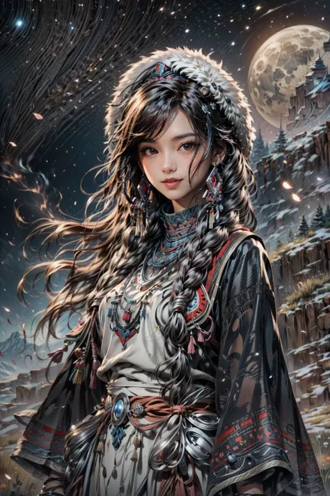 <(best quality, extremery best quality, masterpiece:1.4), (realistic, intricate details:1.4), (photorealistic:1.4), (extremely intricate:1.4), highres, ultra highres, ultra detailed, ultra-detailed, absurdres, incredibly absurdres, extremely detailed, high quality, high resolution, hyperrealistic, ultra-realistic, hyper-detailed, top quality, best, fine detail, massive detail, Highly detailed, extreme detailed, highest detailed, high-res, absolutely resolution, reflection, (refraction:1.4), (hyperrealism:1.4)>, BREAK, (1girl:1.3), solo, looking at viewer, (young cute beautiful 18-year-old girl:1.4), 3d face, (hand of Guido Daniele:1.4), beautiful girl, Beautiful face, pretty, girlface, kpop idol, supermodel, stunning innocent symmetry face, perfect body, medium breast, slim waist, slim legs, (high detailed skin:1.5), glowing eyes, goddess, natural skin texture, shiny skin, White skin, Beautiful detailed face, detailed face, real skin texture, cute delicate face, finely detailed face, golden ratio, golden ratio face, expressive eyes, perfect face, perfect skin, flawless face, clear face, shiny hair, pale skin, Proper body proportion, perfect anatomy, realistic skin texture, luscious lips, glossy lips, natural makeup, beautiful bright pupils, slender figure, intricate eyes, detailed pupils, detailed face and eyes, longeyelashes, blush, good hand, perfect hands, pretty face, beautiful female bodies, finely detailed skin, oily shiny skin, clean facial features, an extremely delicate and beautiful, cute & girly, beautiful detailed eyes, stars in the eyes, detailed simmetric eyes, perfect smooth skin texture, BREAK, (((((brilliant colors, (Tibetan, fur hat, front view, dancing, Prairie, sunset, mountain, Yak, sheep, ride a pink horse, river, pink horses on the river, Wolf:1.4), (Tibetan girl, bonfire, surrounded by vast grasslands, Tibetan tent, traditional clothes, braids, peaceful atmosphere, mountainous backdrop, camping trip, authentic cultural experience, night sky full of stars, crackling fire sounds, quiet whispers, hushed conversations, Tibetan tea, warm blankets, tranquil silence, crisp air, soulful melodies, traditional musical instruments, a sense of belonging, bonding with nature, quiet reflection:1.4), (smile, blush, Pink hair, Pink eye, long hair, Pink eyelashes, Pink lips, Pink lip colour, Eyes glowing Pink, flat bangs, happy expression, warm smile, cute smile, smiling:1.4), (long_hair, mountain background, forest, river in background, landscape, water reflection, outdoors:1.3), (night, Night time, moon light, Golden Hour, sky, landscape, stars, starry, galaxy sky, milky way:1.3), (mountains, full moon background, moutains, breeze, dust is drifting, ethereal, scenery, nature, mysterious background, fog, wind:1.2), (iridescent colors, Iridescence, mysterious, fantasy background, fantasy, open mouth:1.2), (Luminescent Particles:1.3), (fullbody:1.2), (eye focus, face focus, character focus, close-up face:1.2), (dutch angle, cowboy shot:1.3), colorful refraction)))), BREAK, <cinematic portrait, analog film photography, film emulation, bokeh, blurry noise background, watercolor, available light, detailed light, volumetric fog, beautiful lighting, Rembrandt lighting, Cinematic, pixel art, game art, key visual, surreal, PBR Texturing, Anisotropic Filtering, Maximum Clarity And Sharpness, Albedo And Specular Maps, Multi-Layered Textures, Surface Shading, Sub-Pixel Convolution, Sub-Pixel Convolution, Accurate Simulation Of Light-Material Interaction, blurry foreground, broad light, volumetric light effect, matte painting, perfectly defined features, volumetric lighting, Tone Mapping, Lumen Reflections, Global illumination, Ray Tracing, Screen Space Global Illumination, Accent Lighting, 32k, Natural Lighting, volumetric, cinematic masterpiece, Rule of thirds, high dynamic range, Multi-exposure HDR capture, cinematic render, game cg cinematic, atmospheric perspective, movie scene, epic dynamic frame, motion blur, ((cinematic look, Film look)), rim light, 4k textures, adobe lightroom, photolab, insane details, hyperdetailed, exposure blend, professional color grading, professional color correction, aerial perspective, particles and dust in beams of light, cinematic scene, dynamic lighting, sharp details, lomography, soft focus, light leaks, bold hues, atmospheric depth, (explosive light and shadow:1.2), aesthetics, intricate designs, ultra realistic digital art, (zentangle, mandala, tangle, entangle), (fractal art), elegant, vivid colours, floating particles, particles, dramatic, epic, (ink drawing, oil painting detailed), (dramatic lighting:1.2), RAW, huge filesize, extremery detailed CG, Photo, 8k uhd, cinematic atmosphere, trending on artstation, award-winning glamour photograph, highly detailed photo, official art, beautiful and aesthetic, unity 8k wallpaper, beautiful, highly detailed CG illustration, best illustration, intricate, Amazing, emotional, analog, painting, digital painting, concept art, Oil Painting, illustration, Classical art, Renaissance, Romanticism, Neoclassicism, Color Palette, depth and contrast, Vibrant colors, saturated, rich saturation, color harmony, vivid palette, concept-art, design style, detail character, concept render, colorful, analog photography, dreamy atmosphere, specular highlights, atmospheric lighting, (dynamic angle, dynamic pose :1.3), (shiny, clothes reflecting light, lens flare, bloom effect, light particle, lens glare:1.3), realistic lighting, cinematic light, (cinematic lighting), light in the face, soft lighting, saturated colors, detailed background, sharp focus, 8k high definition, perspective, Master Composition, roughness, post-processing, soft shadows, realistic shadows, ambient occlusion, ray-tracing, subsurface scattering, photon mapping, physically-based rendering, octane rendering, unreal engine 5, ue5 rendering, Adobe After FX, dslr, RTX, Best character details, radiosity, sharp, antialiased, RAW photo, HDR, 8k, 4k, (((Photographed by Roger Deakins, using a RED Monstro 8K VV camera and a series of high-end lenses))), ((Hasselblad photography)), (film grain:1.4), Kodak portra 400, ((Fujifilm X-T5)), professional photograph, depth of field, caustics, Broad lighting, diffuse lighting, rim lighting, two tone lighting, textile details, visible pores, high resolution scan, professionally color graded, photographic reality, automatic white balance, best lighting, detailed shadow, high contrast, strong light and shadow>, (PureErosFace_V1:0.7), (ulzzang-6500:0.7), <lora:epiNoiseoffset_v3:2>, <lora:add_detail:0.7>, <lora:hipoly_3dcg_v7-epoch-000012:0.7>, (kbxll:0.7), <lora:more_details:0.7>, <lora:Tibetan_v1:0.9>