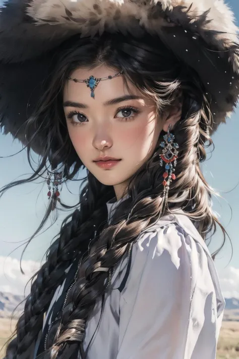 <lora:Tibetan_v1:0.9>, blue sky, outdoors, cowboy shot, looking at viewer, masterpiece, best quality, 1girl,