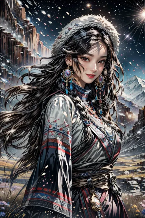 <(best quality, extremery best quality, masterpiece:1.4), (realistic, intricate details:1.4), (photorealistic:1.4), (extremely intricate:1.4), highres, ultra highres, ultra detailed, ultra-detailed, absurdres, incredibly absurdres, extremely detailed, high quality, high resolution, hyperrealistic, ultra-realistic, hyper-detailed, top quality, best, fine detail, massive detail, Highly detailed, extreme detailed, highest detailed, high-res, absolutely resolution, reflection, (refraction:1.4), (hyperrealism:1.4)>, BREAK, (1girl:1.3), solo, looking at viewer, (young cute beautiful 18-year-old girl:1.4), 3d face, (hand of Guido Daniele:1.4), beautiful girl, Beautiful face, pretty, girlface, kpop idol, supermodel, stunning innocent symmetry face, perfect body, medium breast, slim waist, slim legs, (high detailed skin:1.5), glowing eyes, goddess, natural skin texture, shiny skin, White skin, Beautiful detailed face, detailed face, real skin texture, cute delicate face, finely detailed face, golden ratio, golden ratio face, expressive eyes, perfect face, perfect skin, flawless face, clear face, shiny hair, pale skin, Proper body proportion, perfect anatomy, realistic skin texture, luscious lips, glossy lips, natural makeup, beautiful bright pupils, slender figure, intricate eyes, detailed pupils, detailed face and eyes, longeyelashes, blush, good hand, perfect hands, pretty face, beautiful female bodies, finely detailed skin, oily shiny skin, clean facial features, an extremely delicate and beautiful, cute & girly, beautiful detailed eyes, stars in the eyes, detailed simmetric eyes, perfect smooth skin texture, BREAK, (((((brilliant colors, (Tibetan, fur hat, front view, dancing, Prairie, sunset, mountain, Yak, sheep, ride a pink horse, river, pink horses on the river, Wolf:1.4), (Tibetan girl, bonfire, surrounded by vast grasslands, Tibetan tent, traditional clothes, braids, peaceful atmosphere, mountainous backdrop, camping trip, authentic cultural experience, night sky full of stars, crackling fire sounds, quiet whispers, hushed conversations, Tibetan tea, warm blankets, tranquil silence, crisp air, soulful melodies, traditional musical instruments, a sense of belonging, bonding with nature, quiet reflection:1.4), (smile, blush, Pink hair, Pink eye, long hair, Pink eyelashes, Pink lips, Pink lip colour, Eyes glowing Pink, flat bangs, happy expression, warm smile, cute smile, smiling:1.4), (long_hair, mountain background, forest, river in background, landscape, water reflection, outdoors:1.3), (night, Night time, moon light, Golden Hour, sky, landscape, stars, starry, galaxy sky, milky way:1.3), (mountains, full moon background, moutains, breeze, dust is drifting, ethereal, scenery, nature, mysterious background, fog, wind:1.2), (iridescent colors, Iridescence, mysterious, fantasy background, fantasy, open mouth:1.2), (Luminescent Particles:1.3), (fullbody:1.2), (eye focus, face focus, character focus, close-up face:1.2), (dutch angle, cowboy shot:1.3), colorful refraction)))), BREAK, <cinematic portrait, analog film photography, film emulation, bokeh, blurry noise background, watercolor, available light, detailed light, volumetric fog, beautiful lighting, Rembrandt lighting, Cinematic, pixel art, game art, key visual, surreal, PBR Texturing, Anisotropic Filtering, Maximum Clarity And Sharpness, Albedo And Specular Maps, Multi-Layered Textures, Surface Shading, Sub-Pixel Convolution, Sub-Pixel Convolution, Accurate Simulation Of Light-Material Interaction, blurry foreground, broad light, volumetric light effect, matte painting, perfectly defined features, volumetric lighting, Tone Mapping, Lumen Reflections, Global illumination, Ray Tracing, Screen Space Global Illumination, Accent Lighting, 32k, Natural Lighting, volumetric, cinematic masterpiece, Rule of thirds, high dynamic range, Multi-exposure HDR capture, cinematic render, game cg cinematic, atmospheric perspective, movie scene, epic dynamic frame, motion blur, ((cinematic look, Film look)), rim light, 4k textures, adobe lightroom, photolab, insane details, hyperdetailed, exposure blend, professional color grading, professional color correction, aerial perspective, particles and dust in beams of light, cinematic scene, dynamic lighting, sharp details, lomography, soft focus, light leaks, bold hues, atmospheric depth, (explosive light and shadow:1.2), aesthetics, intricate designs, ultra realistic digital art, (zentangle, mandala, tangle, entangle), (fractal art), elegant, vivid colours, floating particles, particles, dramatic, epic, (ink drawing, oil painting detailed), (dramatic lighting:1.2), RAW, huge filesize, extremery detailed CG, Photo, 8k uhd, cinematic atmosphere, trending on artstation, award-winning glamour photograph, highly detailed photo, official art, beautiful and aesthetic, unity 8k wallpaper, beautiful, highly detailed CG illustration, best illustration, intricate, Amazing, emotional, analog, painting, digital painting, concept art, Oil Painting, illustration, Classical art, Renaissance, Romanticism, Neoclassicism, Color Palette, depth and contrast, Vibrant colors, saturated, rich saturation, color harmony, vivid palette, concept-art, design style, detail character, concept render, colorful, analog photography, dreamy atmosphere, specular highlights, atmospheric lighting, (dynamic angle, dynamic pose :1.3), (shiny, clothes reflecting light, lens flare, bloom effect, light particle, lens glare:1.3), realistic lighting, cinematic light, (cinematic lighting), light in the face, soft lighting, saturated colors, detailed background, sharp focus, 8k high definition, perspective, Master Composition, roughness, post-processing, soft shadows, realistic shadows, ambient occlusion, ray-tracing, subsurface scattering, photon mapping, physically-based rendering, octane rendering, unreal engine 5, ue5 rendering, Adobe After FX, dslr, RTX, Best character details, radiosity, sharp, antialiased, RAW photo, HDR, 8k, 4k, (((Photographed by Roger Deakins, using a RED Monstro 8K VV camera and a series of high-end lenses))), ((Hasselblad photography)), (film grain:1.4), Kodak portra 400, ((Fujifilm X-T5)), professional photograph, depth of field, caustics, Broad lighting, diffuse lighting, rim lighting, two tone lighting, textile details, visible pores, high resolution scan, professionally color graded, photographic reality, automatic white balance, best lighting, detailed shadow, high contrast, strong light and shadow>, (PureErosFace_V1:0.7), (ulzzang-6500:0.7), <lora:epiNoiseoffset_v3:2>, <lora:add_detail:0.7>, <lora:hipoly_3dcg_v7-epoch-000012:0.7>, (kbxll:0.7), <lora:more_details:0.7>, <lora:Tibetan_v1:0.9>
