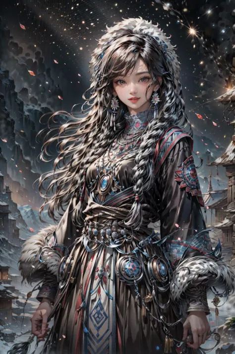 A woman in a long dress standing in front of a snowy landscape - SeaArt AI