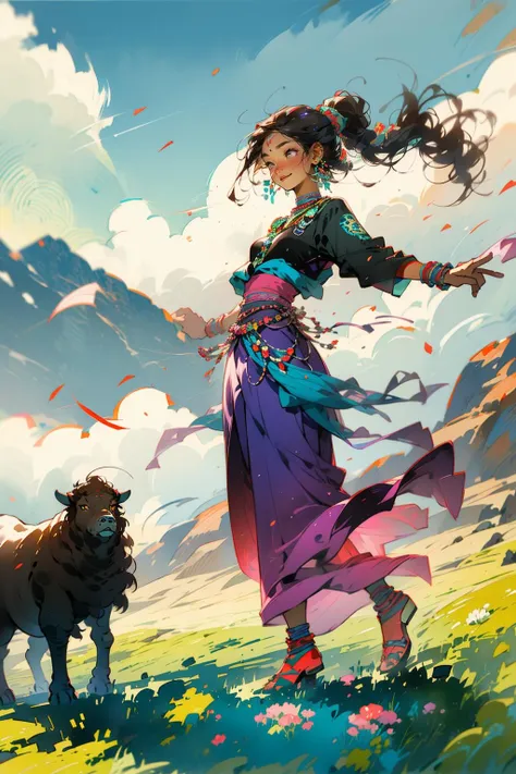 Masterpiece,best quality,1girl, smile, full body, ((Tibetan)), front view, dancing, Prairie, sunset, sun, wind, floating hair, mountain<lora:Tibetan_v1:0.9>