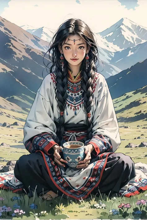 Masterpiece,best quality,1girl, Tibetan girl, sitting by the bonfire, surrounded by vast grasslands, Tibetan tent, traditional clothes, braids, peaceful atmosphere, mountainous backdrop, camping trip, authentic cultural experience, night sky full of stars, crackling fire sounds, quiet whispers, hushed conversations, Tibetan tea, warm blankets, tranquil silence, crisp air, soulful melodies, traditional musical instruments, a sense of belonging, bonding with nature, quiet reflection<lora:Tibetan_v1:0.9>