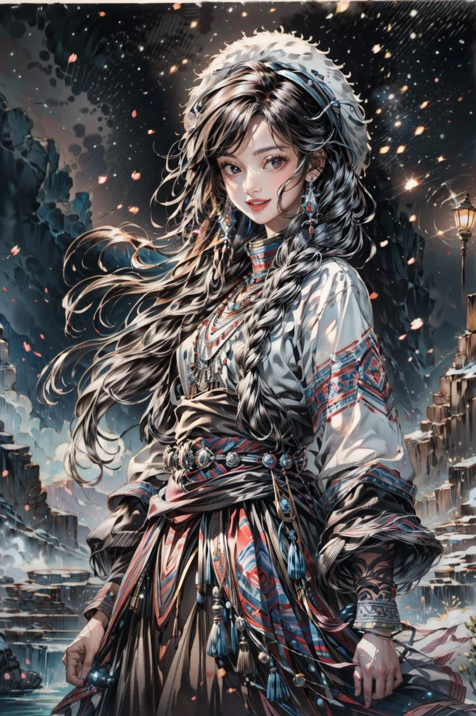 <(best quality, extremery best quality, masterpiece:1.4), (realistic, intricate details:1.4), (photorealistic:1.4), (extremely intricate:1.4), highres, ultra highres, ultra detailed, ultra-detailed, absurdres, incredibly absurdres, extremely detailed, high quality, high resolution, hyperrealistic, ultra-realistic, hyper-detailed, top quality, best, fine detail, massive detail, Highly detailed, extreme detailed, highest detailed, high-res, absolutely resolution, reflection, (refraction:1.4), (hyperrealism:1.4)>, BREAK, (1girl:1.3), solo, looking at viewer, (young cute beautiful 18-year-old girl:1.4), 3d face, (hand of Guido Daniele:1.4), beautiful girl, Beautiful face, pretty, girlface, kpop idol, supermodel, stunning innocent symmetry face, perfect body, medium breast, slim waist, slim legs, (high detailed skin:1.5), glowing eyes, goddess, natural skin texture, shiny skin, White skin, Beautiful detailed face, detailed face, real skin texture, cute delicate face, finely detailed face, golden ratio, golden ratio face, expressive eyes, perfect face, perfect skin, flawless face, clear face, shiny hair, pale skin, Proper body proportion, perfect anatomy, realistic skin texture, luscious lips, glossy lips, natural makeup, beautiful bright pupils, slender figure, intricate eyes, detailed pupils, detailed face and eyes, longeyelashes, blush, good hand, perfect hands, pretty face, beautiful female bodies, finely detailed skin, oily shiny skin, clean facial features, an extremely delicate and beautiful, cute & girly, beautiful detailed eyes, stars in the eyes, detailed simmetric eyes, perfect smooth skin texture, BREAK, (((((brilliant colors, (Tibetan, fur hat, front view, dancing, Prairie, sunset, mountain, Yak, sheep, ride a pink horse, river, pink horses on the river, Wolf:1.4), (Tibetan girl, bonfire, surrounded by vast grasslands, Tibetan tent, traditional clothes, braids, peaceful atmosphere, mountainous backdrop, camping trip, authentic cultural experience, night sky full of stars, crackling fire sounds, quiet whispers, hushed conversations, Tibetan tea, warm blankets, tranquil silence, crisp air, soulful melodies, traditional musical instruments, a sense of belonging, bonding with nature, quiet reflection:1.4), (smile, blush, Pink hair, Pink eye, long hair, Pink eyelashes, Pink lips, Pink lip colour, Eyes glowing Pink, flat bangs, happy expression, warm smile, cute smile, smiling:1.4), (long_hair, mountain background, forest, river in background, landscape, water reflection, outdoors:1.3), (night, Night time, moon light, Golden Hour, sky, landscape, stars, starry, galaxy sky, milky way:1.3), (mountains, full moon background, moutains, breeze, dust is drifting, ethereal, scenery, nature, mysterious background, fog, wind:1.2), (iridescent colors, Iridescence, mysterious, fantasy background, fantasy, open mouth:1.2), (Luminescent Particles:1.3), (fullbody:1.2), (eye focus, face focus, character focus, close-up face:1.2), (dutch angle, cowboy shot:1.3), colorful refraction)))), BREAK, <cinematic portrait, analog film photography, film emulation, bokeh, blurry noise background, watercolor, available light, detailed light, volumetric fog, beautiful lighting, Rembrandt lighting, Cinematic, pixel art, game art, key visual, surreal, PBR Texturing, Anisotropic Filtering, Maximum Clarity And Sharpness, Albedo And Specular Maps, Multi-Layered Textures, Surface Shading, Sub-Pixel Convolution, Sub-Pixel Convolution, Accurate Simulation Of Light-Material Interaction, blurry foreground, broad light, volumetric light effect, matte painting, perfectly defined features, volumetric lighting, Tone Mapping, Lumen Reflections, Global illumination, Ray Tracing, Screen Space Global Illumination, Accent Lighting, 32k, Natural Lighting, volumetric, cinematic masterpiece, Rule of thirds, high dynamic range, Multi-exposure HDR capture, cinematic render, game cg cinematic, atmospheric perspective, movie scene, epic dynamic frame, motion blur, ((cinematic look, Film look)), rim light, 4k textures, adobe lightroom, photolab, insane details, hyperdetailed, exposure blend, professional color grading, professional color correction, aerial perspective, particles and dust in beams of light, cinematic scene, dynamic lighting, sharp details, lomography, soft focus, light leaks, bold hues, atmospheric depth, (explosive light and shadow:1.2), aesthetics, intricate designs, ultra realistic digital art, (zentangle, mandala, tangle, entangle), (fractal art), elegant, vivid colours, floating particles, particles, dramatic, epic, (ink drawing, oil painting detailed), (dramatic lighting:1.2), RAW, huge filesize, extremery detailed CG, Photo, 8k uhd, cinematic atmosphere, trending on artstation, award-winning glamour photograph, highly detailed photo, official art, beautiful and aesthetic, unity 8k wallpaper, beautiful, highly detailed CG illustration, best illustration, intricate, Amazing, emotional, analog, painting, digital painting, concept art, Oil Painting, illustration, Classical art, Renaissance, Romanticism, Neoclassicism, Color Palette, depth and contrast, Vibrant colors, saturated, rich saturation, color harmony, vivid palette, concept-art, design style, detail character, concept render, colorful, analog photography, dreamy atmosphere, specular highlights, atmospheric lighting, (dynamic angle, dynamic pose :1.3), (shiny, clothes reflecting light, lens flare, bloom effect, light particle, lens glare:1.3), realistic lighting, cinematic light, (cinematic lighting), light in the face, soft lighting, saturated colors, detailed background, sharp focus, 8k high definition, perspective, Master Composition, roughness, post-processing, soft shadows, realistic shadows, ambient occlusion, ray-tracing, subsurface scattering, photon mapping, physically-based rendering, octane rendering, unreal engine 5, ue5 rendering, Adobe After FX, dslr, RTX, Best character details, radiosity, sharp, antialiased, RAW photo, HDR, 8k, 4k, (((Photographed by Roger Deakins, using a RED Monstro 8K VV camera and a series of high-end lenses))), ((Hasselblad photography)), (film grain:1.4), Kodak portra 400, ((Fujifilm X-T5)), professional photograph, depth of field, caustics, Broad lighting, diffuse lighting, rim lighting, two tone lighting, textile details, visible pores, high resolution scan, professionally color graded, photographic reality, automatic white balance, best lighting, detailed shadow, high contrast, strong light and shadow>, (PureErosFace_V1:0.7), (ulzzang-6500:0.7), <lora:epiNoiseoffset_v3:2>, <lora:add_detail:0.7>, <lora:hipoly_3dcg_v7-epoch-000012:0.7>, (kbxll:0.7), <lora:more_details:0.7>, <lora:Tibetan_v1:0.9>