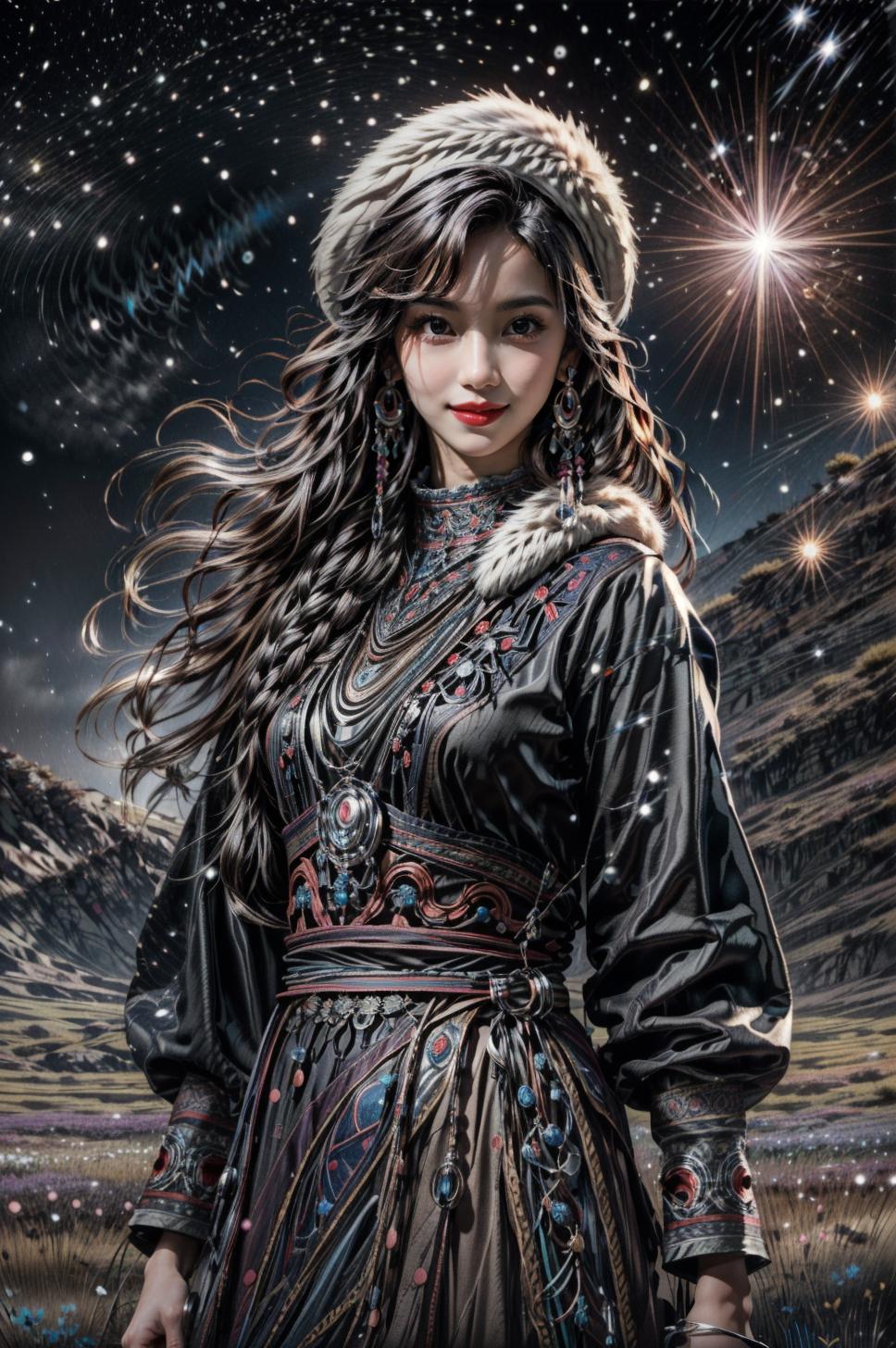 A woman in a dress standing in a field with a star in the sky - SeaArt AI
