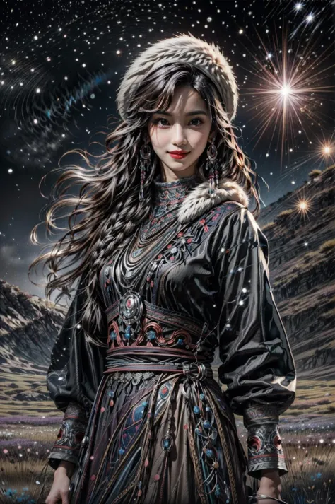 <(best quality, extremery best quality, masterpiece:1.4), (realistic, intricate details:1.4), (photorealistic:1.4), (extremely intricate:1.4), highres, ultra highres, ultra detailed, ultra-detailed, absurdres, incredibly absurdres, extremely detailed, high quality, high resolution, hyperrealistic, ultra-realistic, hyper-detailed, top quality, best, fine detail, massive detail, Highly detailed, extreme detailed, highest detailed, high-res, absolutely resolution, reflection, (refraction:1.4), (hyperrealism:1.4)>, BREAK, (1girl:1.3), solo, looking at viewer, (young cute beautiful 18-year-old girl:1.4), 3d face, (hand of Guido Daniele:1.4), beautiful girl, Beautiful face, pretty, girlface, kpop idol, supermodel, stunning innocent symmetry face, perfect body, medium breast, slim waist, slim legs, (high detailed skin:1.5), glowing eyes, goddess, natural skin texture, shiny skin, White skin, Beautiful detailed face, detailed face, real skin texture, cute delicate face, finely detailed face, golden ratio, golden ratio face, expressive eyes, perfect face, perfect skin, flawless face, clear face, shiny hair, pale skin, Proper body proportion, perfect anatomy, realistic skin texture, luscious lips, glossy lips, natural makeup, beautiful bright pupils, slender figure, intricate eyes, detailed pupils, detailed face and eyes, longeyelashes, blush, good hand, perfect hands, pretty face, beautiful female bodies, finely detailed skin, oily shiny skin, clean facial features, an extremely delicate and beautiful, cute & girly, beautiful detailed eyes, stars in the eyes, detailed simmetric eyes, perfect smooth skin texture, BREAK, (((((brilliant colors, (Tibetan, fur hat, front view, dancing, Prairie, sunset, mountain, Yak, sheep, ride a pink horse, river, pink horses on the river, Wolf:1.4), (Tibetan girl, bonfire, surrounded by vast grasslands, Tibetan tent, traditional clothes, braids, peaceful atmosphere, mountainous backdrop, camping trip, authentic cultural experience, night sky full of stars, crackling fire sounds, quiet whispers, hushed conversations, Tibetan tea, warm blankets, tranquil silence, crisp air, soulful melodies, traditional musical instruments, a sense of belonging, bonding with nature, quiet reflection:1.4), (smile, blush, Pink hair, Pink eye, long hair, Pink eyelashes, Pink lips, Pink lip colour, Eyes glowing Pink, flat bangs, happy expression, warm smile, cute smile, smiling:1.4), (long_hair, mountain background, forest, river in background, landscape, water reflection, outdoors:1.3), (night, Night time, moon light, Golden Hour, sky, landscape, stars, starry, galaxy sky, milky way:1.3), (mountains, full moon background, moutains, breeze, dust is drifting, ethereal, scenery, nature, mysterious background, fog, wind:1.2), (iridescent colors, Iridescence, mysterious, fantasy background, fantasy, open mouth:1.2), (Luminescent Particles:1.3), (fullbody:1.2), (eye focus, face focus, character focus, close-up face:1.2), (dutch angle, cowboy shot:1.3), colorful refraction)))), BREAK, <cinematic portrait, analog film photography, film emulation, bokeh, blurry noise background, watercolor, available light, detailed light, volumetric fog, beautiful lighting, Rembrandt lighting, Cinematic, pixel art, game art, key visual, surreal, PBR Texturing, Anisotropic Filtering, Maximum Clarity And Sharpness, Albedo And Specular Maps, Multi-Layered Textures, Surface Shading, Sub-Pixel Convolution, Sub-Pixel Convolution, Accurate Simulation Of Light-Material Interaction, blurry foreground, broad light, volumetric light effect, matte painting, perfectly defined features, volumetric lighting, Tone Mapping, Lumen Reflections, Global illumination, Ray Tracing, Screen Space Global Illumination, Accent Lighting, 32k, Natural Lighting, volumetric, cinematic masterpiece, Rule of thirds, high dynamic range, Multi-exposure HDR capture, cinematic render, game cg cinematic, atmospheric perspective, movie scene, epic dynamic frame, motion blur, ((cinematic look, Film look)), rim light, 4k textures, adobe lightroom, photolab, insane details, hyperdetailed, exposure blend, professional color grading, professional color correction, aerial perspective, particles and dust in beams of light, cinematic scene, dynamic lighting, sharp details, lomography, soft focus, light leaks, bold hues, atmospheric depth, (explosive light and shadow:1.2), aesthetics, intricate designs, ultra realistic digital art, (zentangle, mandala, tangle, entangle), (fractal art), elegant, vivid colours, floating particles, particles, dramatic, epic, (ink drawing, oil painting detailed), (dramatic lighting:1.2), RAW, huge filesize, extremery detailed CG, Photo, 8k uhd, cinematic atmosphere, trending on artstation, award-winning glamour photograph, highly detailed photo, official art, beautiful and aesthetic, unity 8k wallpaper, beautiful, highly detailed CG illustration, best illustration, intricate, Amazing, emotional, analog, painting, digital painting, concept art, Oil Painting, illustration, Classical art, Renaissance, Romanticism, Neoclassicism, Color Palette, depth and contrast, Vibrant colors, saturated, rich saturation, color harmony, vivid palette, concept-art, design style, detail character, concept render, colorful, analog photography, dreamy atmosphere, specular highlights, atmospheric lighting, (dynamic angle, dynamic pose :1.3), (shiny, clothes reflecting light, lens flare, bloom effect, light particle, lens glare:1.3), realistic lighting, cinematic light, (cinematic lighting), light in the face, soft lighting, saturated colors, detailed background, sharp focus, 8k high definition, perspective, Master Composition, roughness, post-processing, soft shadows, realistic shadows, ambient occlusion, ray-tracing, subsurface scattering, photon mapping, physically-based rendering, octane rendering, unreal engine 5, ue5 rendering, Adobe After FX, dslr, RTX, Best character details, radiosity, sharp, antialiased, RAW photo, HDR, 8k, 4k, (((Photographed by Roger Deakins, using a RED Monstro 8K VV camera and a series of high-end lenses))), ((Hasselblad photography)), (film grain:1.4), Kodak portra 400, ((Fujifilm X-T5)), professional photograph, depth of field, caustics, Broad lighting, diffuse lighting, rim lighting, two tone lighting, textile details, visible pores, high resolution scan, professionally color graded, photographic reality, automatic white balance, best lighting, detailed shadow, high contrast, strong light and shadow>, (PureErosFace_V1:0.7), (ulzzang-6500:0.7), <lora:epiNoiseoffset_v3:2>, <lora:add_detail:0.7>, <lora:hipoly_3dcg_v7-epoch-000012:0.7>, (kbxll:0.7), <lora:more_details:0.7>, <lora:Tibetan_v1:0.9>