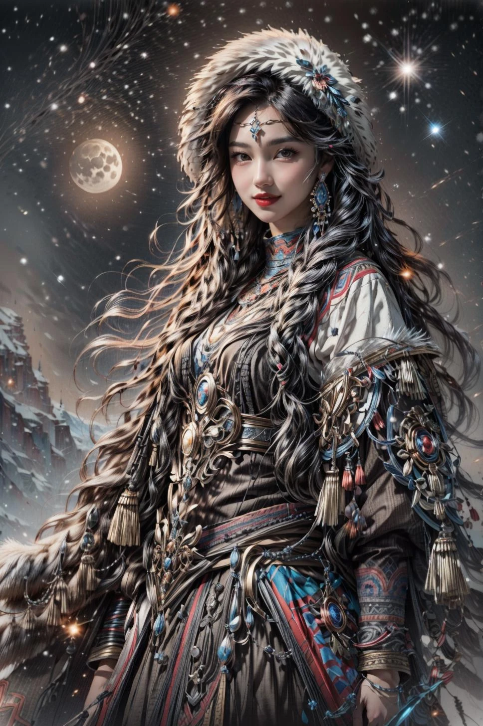<(best quality, extremery best quality, masterpiece:1.4), (realistic, intricate details:1.4), (photorealistic:1.4), (extremely intricate:1.4), highres, ultra highres, ultra detailed, ultra-detailed, absurdres, incredibly absurdres, extremely detailed, high quality, high resolution, hyperrealistic, ultra-realistic, hyper-detailed, top quality, best, fine detail, massive detail, Highly detailed, extreme detailed, highest detailed, high-res, absolutely resolution, reflection, (refraction:1.4), (hyperrealism:1.4)>, BREAK, (1girl:1.3), solo, looking at viewer, (young cute beautiful 18-year-old girl:1.4), 3d face, (hand of Guido Daniele:1.4), beautiful girl, Beautiful face, pretty, girlface, kpop idol, supermodel, stunning innocent symmetry face, perfect body, medium breast, slim waist, slim legs, (high detailed skin:1.5), glowing eyes, goddess, natural skin texture, shiny skin, White skin, Beautiful detailed face, detailed face, real skin texture, cute delicate face, finely detailed face, golden ratio, golden ratio face, expressive eyes, perfect face, perfect skin, flawless face, clear face, shiny hair, pale skin, Proper body proportion, perfect anatomy, realistic skin texture, luscious lips, glossy lips, natural makeup, beautiful bright pupils, slender figure, intricate eyes, detailed pupils, detailed face and eyes, longeyelashes, blush, good hand, perfect hands, pretty face, beautiful female bodies, finely detailed skin, oily shiny skin, clean facial features, an extremely delicate and beautiful, cute & girly, beautiful detailed eyes, stars in the eyes, detailed simmetric eyes, perfect smooth skin texture, BREAK, (((((brilliant colors, (Tibetan, fur hat, front view, dancing, Prairie, sunset, mountain, Yak, sheep, ride a pink horse, river, pink horses on the river, Wolf:1.4), (Tibetan girl, bonfire, surrounded by vast grasslands, Tibetan tent, traditional clothes, braids, peaceful atmosphere, mountainous backdrop, camping trip, authentic cultural experience, night sky full of stars, crackling fire sounds, quiet whispers, hushed conversations, Tibetan tea, warm blankets, tranquil silence, crisp air, soulful melodies, traditional musical instruments, a sense of belonging, bonding with nature, quiet reflection:1.4), (smile, blush, Pink hair, Pink eye, long hair, Pink eyelashes, Pink lips, Pink lip colour, Eyes glowing Pink, flat bangs, happy expression, warm smile, cute smile, smiling:1.4), (long_hair, mountain background, forest, river in background, landscape, water reflection, outdoors:1.3), (night, Night time, moon light, Golden Hour, sky, landscape, stars, starry, galaxy sky, milky way:1.3), (mountains, full moon background, moutains, breeze, dust is drifting, ethereal, scenery, nature, mysterious background, fog, wind:1.2), (iridescent colors, Iridescence, mysterious, fantasy background, fantasy, open mouth:1.2), (Luminescent Particles:1.3), (fullbody:1.2), (eye focus, face focus, character focus, close-up face:1.2), (dutch angle, cowboy shot:1.3), colorful refraction)))), BREAK, <cinematic portrait, analog film photography, film emulation, bokeh, blurry noise background, watercolor, available light, detailed light, volumetric fog, beautiful lighting, Rembrandt lighting, Cinematic, pixel art, game art, key visual, surreal, PBR Texturing, Anisotropic Filtering, Maximum Clarity And Sharpness, Albedo And Specular Maps, Multi-Layered Textures, Surface Shading, Sub-Pixel Convolution, Sub-Pixel Convolution, Accurate Simulation Of Light-Material Interaction, blurry foreground, broad light, volumetric light effect, matte painting, perfectly defined features, volumetric lighting, Tone Mapping, Lumen Reflections, Global illumination, Ray Tracing, Screen Space Global Illumination, Accent Lighting, 32k, Natural Lighting, volumetric, cinematic masterpiece, Rule of thirds, high dynamic range, Multi-exposure HDR capture, cinematic render, game cg cinematic, atmospheric perspective, movie scene, epic dynamic frame, motion blur, ((cinematic look, Film look)), rim light, 4k textures, adobe lightroom, photolab, insane details, hyperdetailed, exposure blend, professional color grading, professional color correction, aerial perspective, particles and dust in beams of light, cinematic scene, dynamic lighting, sharp details, lomography, soft focus, light leaks, bold hues, atmospheric depth, (explosive light and shadow:1.2), aesthetics, intricate designs, ultra realistic digital art, (zentangle, mandala, tangle, entangle), (fractal art), elegant, vivid colours, floating particles, particles, dramatic, epic, (ink drawing, oil painting detailed), (dramatic lighting:1.2), RAW, huge filesize, extremery detailed CG, Photo, 8k uhd, cinematic atmosphere, trending on artstation, award-winning glamour photograph, highly detailed photo, official art, beautiful and aesthetic, unity 8k wallpaper, beautiful, highly detailed CG illustration, best illustration, intricate, Amazing, emotional, analog, painting, digital painting, concept art, Oil Painting, illustration, Classical art, Renaissance, Romanticism, Neoclassicism, Color Palette, depth and contrast, Vibrant colors, saturated, rich saturation, color harmony, vivid palette, concept-art, design style, detail character, concept render, colorful, analog photography, dreamy atmosphere, specular highlights, atmospheric lighting, (dynamic angle, dynamic pose :1.3), (shiny, clothes reflecting light, lens flare, bloom effect, light particle, lens glare:1.3), realistic lighting, cinematic light, (cinematic lighting), light in the face, soft lighting, saturated colors, detailed background, sharp focus, 8k high definition, perspective, Master Composition, roughness, post-processing, soft shadows, realistic shadows, ambient occlusion, ray-tracing, subsurface scattering, photon mapping, physically-based rendering, octane rendering, unreal engine 5, ue5 rendering, Adobe After FX, dslr, RTX, Best character details, radiosity, sharp, antialiased, RAW photo, HDR, 8k, 4k, (((Photographed by Roger Deakins, using a RED Monstro 8K VV camera and a series of high-end lenses))), ((Hasselblad photography)), (film grain:1.4), Kodak portra 400, ((Fujifilm X-T5)), professional photograph, depth of field, caustics, Broad lighting, diffuse lighting, rim lighting, two tone lighting, textile details, visible pores, high resolution scan, professionally color graded, photographic reality, automatic white balance, best lighting, detailed shadow, high contrast, strong light and shadow>, (PureErosFace_V1:0.7), (ulzzang-6500:0.7), <lora:epiNoiseoffset_v3:2>, <lora:add_detail:0.7>, <lora:hipoly_3dcg_v7-epoch-000012:0.7>, (kbxll:0.7), <lora:more_details:0.7>, <lora:Tibetan_v1:0.9>