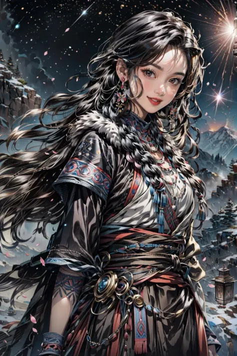 <(best quality, extremery best quality, masterpiece:1.4), (realistic, intricate details:1.4), (photorealistic:1.4), (extremely intricate:1.4), highres, ultra highres, ultra detailed, ultra-detailed, absurdres, incredibly absurdres, extremely detailed, high quality, high resolution, hyperrealistic, ultra-realistic, hyper-detailed, top quality, best, fine detail, massive detail, Highly detailed, extreme detailed, highest detailed, high-res, absolutely resolution, reflection, (refraction:1.4), (hyperrealism:1.4)>, BREAK, (1girl:1.3), solo, looking at viewer, (young cute beautiful 18-year-old girl:1.4), 3d face, (hand of Guido Daniele:1.4), beautiful girl, Beautiful face, pretty, girlface, kpop idol, supermodel, stunning innocent symmetry face, perfect body, medium breast, slim waist, slim legs, (high detailed skin:1.5), glowing eyes, goddess, natural skin texture, shiny skin, White skin, Beautiful detailed face, detailed face, real skin texture, cute delicate face, finely detailed face, golden ratio, golden ratio face, expressive eyes, perfect face, perfect skin, flawless face, clear face, shiny hair, pale skin, Proper body proportion, perfect anatomy, realistic skin texture, luscious lips, glossy lips, natural makeup, beautiful bright pupils, slender figure, intricate eyes, detailed pupils, detailed face and eyes, longeyelashes, blush, good hand, perfect hands, pretty face, beautiful female bodies, finely detailed skin, oily shiny skin, clean facial features, an extremely delicate and beautiful, cute & girly, beautiful detailed eyes, stars in the eyes, detailed simmetric eyes, perfect smooth skin texture, BREAK, (((((brilliant colors, (Tibetan, fur hat, front view, dancing, Prairie, sunset, mountain, Yak, sheep, ride a pink horse, river, pink horses on the river, Wolf:1.4), (Tibetan girl, bonfire, surrounded by vast grasslands, Tibetan tent, traditional clothes, braids, peaceful atmosphere, mountainous backdrop, camping trip, authentic cultural experience, night sky full of stars, crackling fire sounds, quiet whispers, hushed conversations, Tibetan tea, warm blankets, tranquil silence, crisp air, soulful melodies, traditional musical instruments, a sense of belonging, bonding with nature, quiet reflection:1.4), (smile, blush, Pink hair, Pink eye, long hair, Pink eyelashes, Pink lips, Pink lip colour, Eyes glowing Pink, flat bangs, happy expression, warm smile, cute smile, smiling:1.4), (long_hair, mountain background, forest, river in background, landscape, water reflection, outdoors:1.3), (night, Night time, moon light, Golden Hour, sky, landscape, stars, starry, galaxy sky, milky way:1.3), (mountains, full moon background, moutains, breeze, dust is drifting, ethereal, scenery, nature, mysterious background, fog, wind:1.2), (iridescent colors, Iridescence, mysterious, fantasy background, fantasy, open mouth:1.2), (Luminescent Particles:1.3), (fullbody:1.2), (eye focus, face focus, character focus, close-up face:1.2), (dutch angle, cowboy shot:1.3), colorful refraction)))), BREAK, <cinematic portrait, analog film photography, film emulation, bokeh, blurry noise background, watercolor, available light, detailed light, volumetric fog, beautiful lighting, Rembrandt lighting, Cinematic, pixel art, game art, key visual, surreal, PBR Texturing, Anisotropic Filtering, Maximum Clarity And Sharpness, Albedo And Specular Maps, Multi-Layered Textures, Surface Shading, Sub-Pixel Convolution, Sub-Pixel Convolution, Accurate Simulation Of Light-Material Interaction, blurry foreground, broad light, volumetric light effect, matte painting, perfectly defined features, volumetric lighting, Tone Mapping, Lumen Reflections, Global illumination, Ray Tracing, Screen Space Global Illumination, Accent Lighting, 32k, Natural Lighting, volumetric, cinematic masterpiece, Rule of thirds, high dynamic range, Multi-exposure HDR capture, cinematic render, game cg cinematic, atmospheric perspective, movie scene, epic dynamic frame, motion blur, ((cinematic look, Film look)), rim light, 4k textures, adobe lightroom, photolab, insane details, hyperdetailed, exposure blend, professional color grading, professional color correction, aerial perspective, particles and dust in beams of light, cinematic scene, dynamic lighting, sharp details, lomography, soft focus, light leaks, bold hues, atmospheric depth, (explosive light and shadow:1.2), aesthetics, intricate designs, ultra realistic digital art, (zentangle, mandala, tangle, entangle), (fractal art), elegant, vivid colours, floating particles, particles, dramatic, epic, (ink drawing, oil painting detailed), (dramatic lighting:1.2), RAW, huge filesize, extremery detailed CG, Photo, 8k uhd, cinematic atmosphere, trending on artstation, award-winning glamour photograph, highly detailed photo, official art, beautiful and aesthetic, unity 8k wallpaper, beautiful, highly detailed CG illustration, best illustration, intricate, Amazing, emotional, analog, painting, digital painting, concept art, Oil Painting, illustration, Classical art, Renaissance, Romanticism, Neoclassicism, Color Palette, depth and contrast, Vibrant colors, saturated, rich saturation, color harmony, vivid palette, concept-art, design style, detail character, concept render, colorful, analog photography, dreamy atmosphere, specular highlights, atmospheric lighting, (dynamic angle, dynamic pose :1.3), (shiny, clothes reflecting light, lens flare, bloom effect, light particle, lens glare:1.3), realistic lighting, cinematic light, (cinematic lighting), light in the face, soft lighting, saturated colors, detailed background, sharp focus, 8k high definition, perspective, Master Composition, roughness, post-processing, soft shadows, realistic shadows, ambient occlusion, ray-tracing, subsurface scattering, photon mapping, physically-based rendering, octane rendering, unreal engine 5, ue5 rendering, Adobe After FX, dslr, RTX, Best character details, radiosity, sharp, antialiased, RAW photo, HDR, 8k, 4k, (((Photographed by Roger Deakins, using a RED Monstro 8K VV camera and a series of high-end lenses))), ((Hasselblad photography)), (film grain:1.4), Kodak portra 400, ((Fujifilm X-T5)), professional photograph, depth of field, caustics, Broad lighting, diffuse lighting, rim lighting, two tone lighting, textile details, visible pores, high resolution scan, professionally color graded, photographic reality, automatic white balance, best lighting, detailed shadow, high contrast, strong light and shadow>, (PureErosFace_V1:0.7), (ulzzang-6500:0.7), <lora:epiNoiseoffset_v3:2>, <lora:add_detail:0.7>, <lora:hipoly_3dcg_v7-epoch-000012:0.7>, (kbxll:0.7), <lora:more_details:0.7>, <lora:Tibetan_v1:0.9>