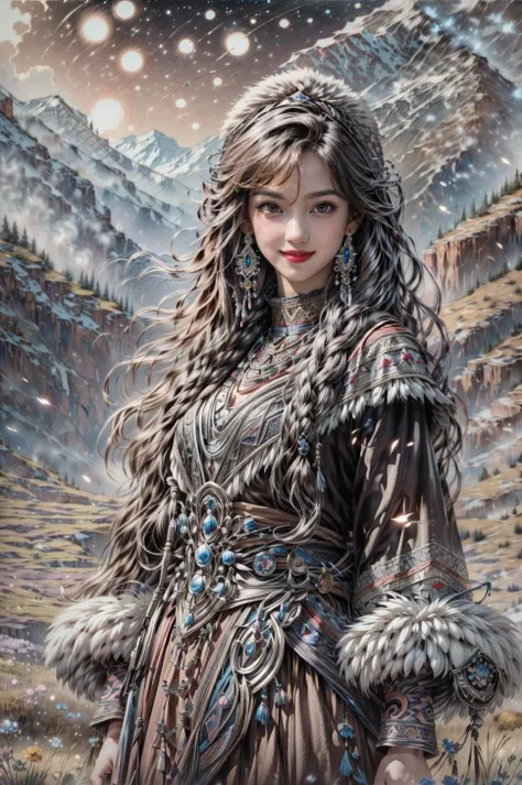 <(best quality, extremery best quality, masterpiece:1.4), (realistic, intricate details:1.4), (photorealistic:1.4), (extremely intricate:1.4), highres, ultra highres, ultra detailed, ultra-detailed, absurdres, incredibly absurdres, extremely detailed, high quality, high resolution, hyperrealistic, ultra-realistic, hyper-detailed, top quality, best, fine detail, massive detail, Highly detailed, extreme detailed, highest detailed, high-res, absolutely resolution, reflection, (refraction:1.4), (hyperrealism:1.4)>, BREAK, (1girl:1.3), solo, looking at viewer, (young cute beautiful 18-year-old girl:1.4), 3d face, (hand of Guido Daniele:1.4), beautiful girl, Beautiful face, pretty, girlface, kpop idol, supermodel, stunning innocent symmetry face, perfect body, medium breast, slim waist, slim legs, (high detailed skin:1.5), glowing eyes, goddess, natural skin texture, shiny skin, White skin, Beautiful detailed face, detailed face, real skin texture, cute delicate face, finely detailed face, golden ratio, golden ratio face, expressive eyes, perfect face, perfect skin, flawless face, clear face, shiny hair, pale skin, Proper body proportion, perfect anatomy, realistic skin texture, luscious lips, glossy lips, natural makeup, beautiful bright pupils, slender figure, intricate eyes, detailed pupils, detailed face and eyes, longeyelashes, blush, good hand, perfect hands, pretty face, beautiful female bodies, finely detailed skin, oily shiny skin, clean facial features, an extremely delicate and beautiful, cute & girly, beautiful detailed eyes, stars in the eyes, detailed simmetric eyes, perfect smooth skin texture, BREAK, (((((brilliant colors, (Tibetan, fur hat, front view, dancing, Prairie, sunset, mountain, Yak, sheep, ride a pink horse, river, pink horses on the river, Wolf:1.4), (Tibetan girl, bonfire, surrounded by vast grasslands, Tibetan tent, traditional clothes, braids, peaceful atmosphere, mountainous backdrop, camping trip, authentic cultural experience, night sky full of stars, crackling fire sounds, quiet whispers, hushed conversations, Tibetan tea, warm blankets, tranquil silence, crisp air, soulful melodies, traditional musical instruments, a sense of belonging, bonding with nature, quiet reflection:1.4), (smile, blush, Pink hair, Pink eye, long hair, Pink eyelashes, Pink lips, Pink lip colour, Eyes glowing Pink, flat bangs, happy expression, warm smile, cute smile, smiling:1.4), (long_hair, mountain background, forest, river in background, landscape, water reflection, outdoors:1.3), (night, Night time, moon light, Golden Hour, sky, landscape, stars, starry, galaxy sky, milky way:1.3), (mountains, full moon background, moutains, breeze, dust is drifting, ethereal, scenery, nature, mysterious background, fog, wind:1.2), (iridescent colors, Iridescence, mysterious, fantasy background, fantasy, open mouth:1.2), (Luminescent Particles:1.3), (fullbody:1.2), (eye focus, face focus, character focus, close-up face:1.2), (dutch angle, cowboy shot:1.3), colorful refraction)))), BREAK, <cinematic portrait, analog film photography, film emulation, bokeh, blurry noise background, watercolor, available light, detailed light, volumetric fog, beautiful lighting, Rembrandt lighting, Cinematic, pixel art, game art, key visual, surreal, PBR Texturing, Anisotropic Filtering, Maximum Clarity And Sharpness, Albedo And Specular Maps, Multi-Layered Textures, Surface Shading, Sub-Pixel Convolution, Sub-Pixel Convolution, Accurate Simulation Of Light-Material Interaction, blurry foreground, broad light, volumetric light effect, matte painting, perfectly defined features, volumetric lighting, Tone Mapping, Lumen Reflections, Global illumination, Ray Tracing, Screen Space Global Illumination, Accent Lighting, 32k, Natural Lighting, volumetric, cinematic masterpiece, Rule of thirds, high dynamic range, Multi-exposure HDR capture, cinematic render, game cg cinematic, atmospheric perspective, movie scene, epic dynamic frame, motion blur, ((cinematic look, Film look)), rim light, 4k textures, adobe lightroom, photolab, insane details, hyperdetailed, exposure blend, professional color grading, professional color correction, aerial perspective, particles and dust in beams of light, cinematic scene, dynamic lighting, sharp details, lomography, soft focus, light leaks, bold hues, atmospheric depth, (explosive light and shadow:1.2), aesthetics, intricate designs, ultra realistic digital art, (zentangle, mandala, tangle, entangle), (fractal art), elegant, vivid colours, floating particles, particles, dramatic, epic, (ink drawing, oil painting detailed), (dramatic lighting:1.2), RAW, huge filesize, extremery detailed CG, Photo, 8k uhd, cinematic atmosphere, trending on artstation, award-winning glamour photograph, highly detailed photo, official art, beautiful and aesthetic, unity 8k wallpaper, beautiful, highly detailed CG illustration, best illustration, intricate, Amazing, emotional, analog, painting, digital painting, concept art, Oil Painting, illustration, Classical art, Renaissance, Romanticism, Neoclassicism, Color Palette, depth and contrast, Vibrant colors, saturated, rich saturation, color harmony, vivid palette, concept-art, design style, detail character, concept render, colorful, analog photography, dreamy atmosphere, specular highlights, atmospheric lighting, (dynamic angle, dynamic pose :1.3), (shiny, clothes reflecting light, lens flare, bloom effect, light particle, lens glare:1.3), realistic lighting, cinematic light, (cinematic lighting), light in the face, soft lighting, saturated colors, detailed background, sharp focus, 8k high definition, perspective, Master Composition, roughness, post-processing, soft shadows, realistic shadows, ambient occlusion, ray-tracing, subsurface scattering, photon mapping, physically-based rendering, octane rendering, unreal engine 5, ue5 rendering, Adobe After FX, dslr, RTX, Best character details, radiosity, sharp, antialiased, RAW photo, HDR, 8k, 4k, (((Photographed by Roger Deakins, using a RED Monstro 8K VV camera and a series of high-end lenses))), ((Hasselblad photography)), (film grain:1.4), Kodak portra 400, ((Fujifilm X-T5)), professional photograph, depth of field, caustics, Broad lighting, diffuse lighting, rim lighting, two tone lighting, textile details, visible pores, high resolution scan, professionally color graded, photographic reality, automatic white balance, best lighting, detailed shadow, high contrast, strong light and shadow>, (PureErosFace_V1:0.7), (ulzzang-6500:0.7), <lora:epiNoiseoffset_v3:2>, <lora:add_detail:0.7>, <lora:hipoly_3dcg_v7-epoch-000012:0.7>, (kbxll:0.7), <lora:more_details:0.7>, <lora:Tibetan_v1:0.9>