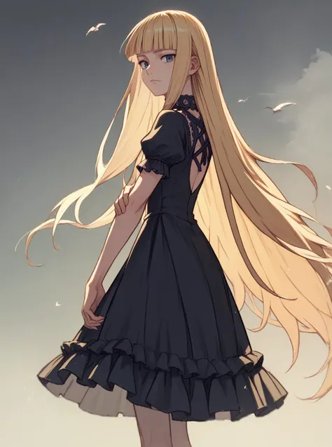 score_9, score_8_up, score_7_up, source_anime, solo, 1girl, evangeline a.k. mcdowell, blonde hair, long hair, black dress, blunt bangs, , , , , <lora:evangeline_PDXL-000002:1>