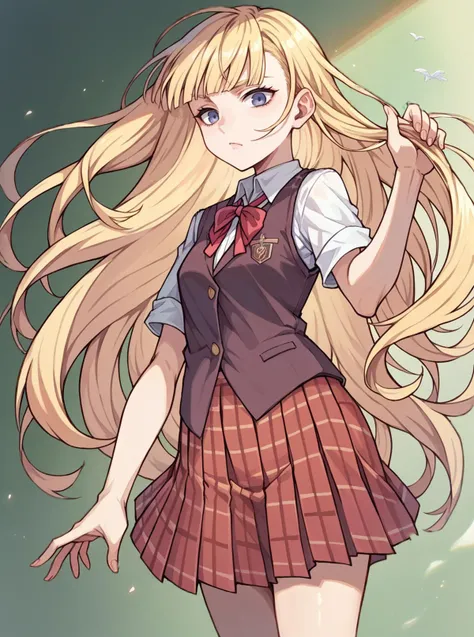 score_9, score_8_up, score_7_up, source_anime, solo, 1girl, evangeline a.k. mcdowell, blonde hair, long hair, brown school uniform, plaid skirt, blunt bangs, , , , <lora:evangeline_PDXL-000002:1>