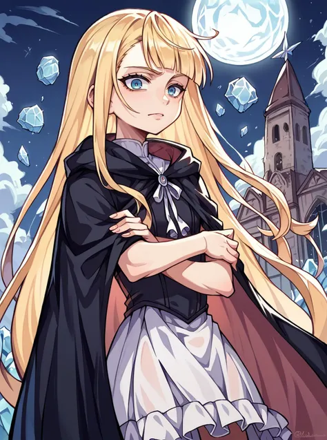 score_9, score_8_up, score_7_up, source_anime, solo, 1girl, evangeline a.k. mcdowell, blonde hair, long hair, blunt bangs, black cloak, ice magic, , destroyed church, night, , Heartlash Cinder, <lora:evangeline_PDXL-000002:1>