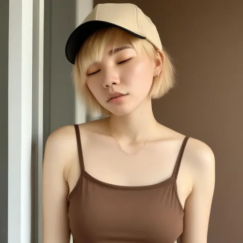 short hair, blonde hair, closed eyes, bare shoulders, baseball cap, hands on hips, piercing, window, simple background, brown hair, uncensored, black shirt