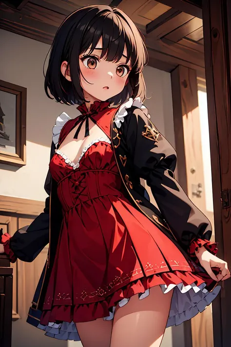 (masterpiece, best quality), 1girl, <lora:FairyGirl:0.8> FairyGirl,teenager,black hair,short hair,small_breasts,cross-laced clothes,juliet sleeves,open jacket,frilled dress,red dress,open clothes,frill,(black jacket:0.9),