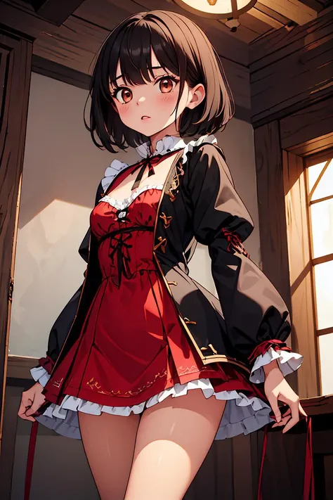 (masterpiece, best quality), 1girl, <lora:FairyGirl:0.8> FairyGirl,teenager,black hair,short hair,small_breasts,cross-laced clothes,juliet sleeves,open jacket,frilled dress,red dress,open clothes,frill,(black jacket:0.9),