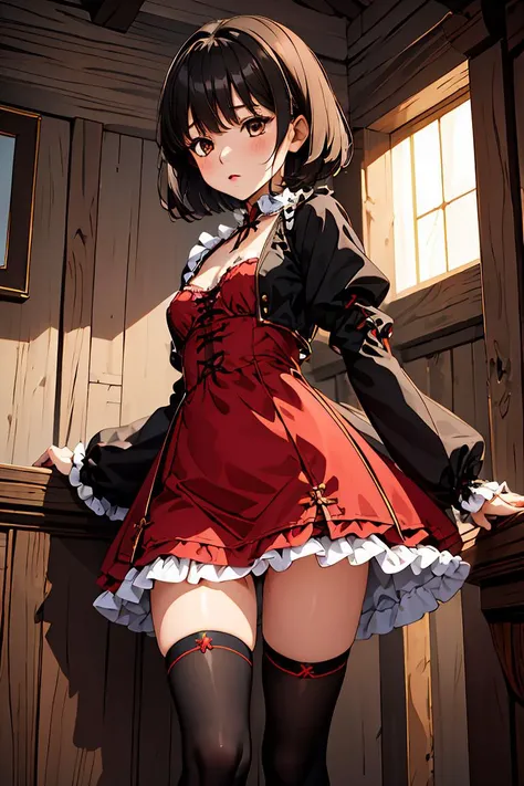 (masterpiece, best quality), 1girl, <lora:FairyGirl:0.8> FairyGirl,teenager,black hair,short hair,small_breasts,cross-laced clothes,juliet sleeves,open jacket,frilled dress,red dress,open clothes,frill,(black jacket:0.9),