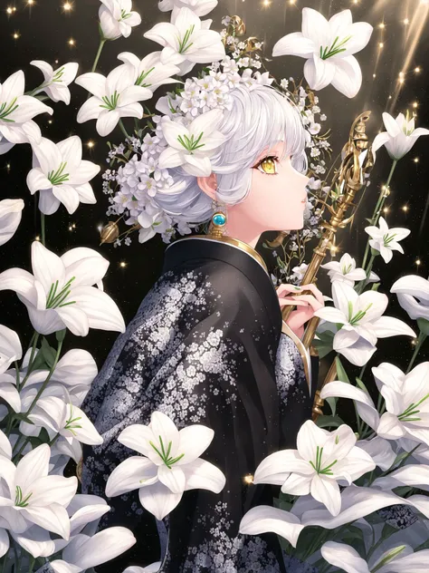 1girl, flower, white hair, white flower, solo, kimono, japanese clothes, looking at viewer, hair flower, hair ornament, parted lips, yellow eyes, lily (flower), holding, upper body, white kimono, bangs, from side, holding flower, eyelashes, white theme, black background, short hair,(Ghibli-like colours:0.4), anaglyph, UHD, award winning, (super detail:1), ccurate, high details,white ococo style