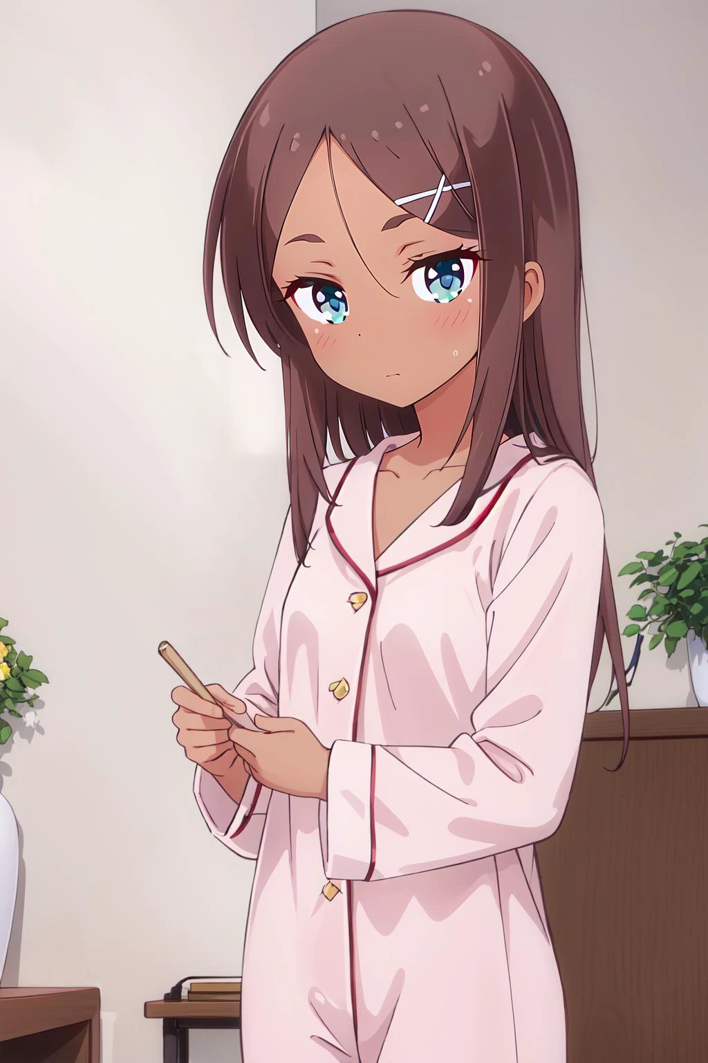 (masterpiece, best quality), intricate details,
1girl, solo, <lora:umiko:0.8> ahagon umiko, tan, dark skin,
pink pajamas, cute,