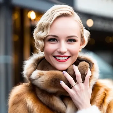 a smiling woman with blonde finger wave hair wearing a fox fur scarf<lora:fingerwave_hair_v1.0.3:1>