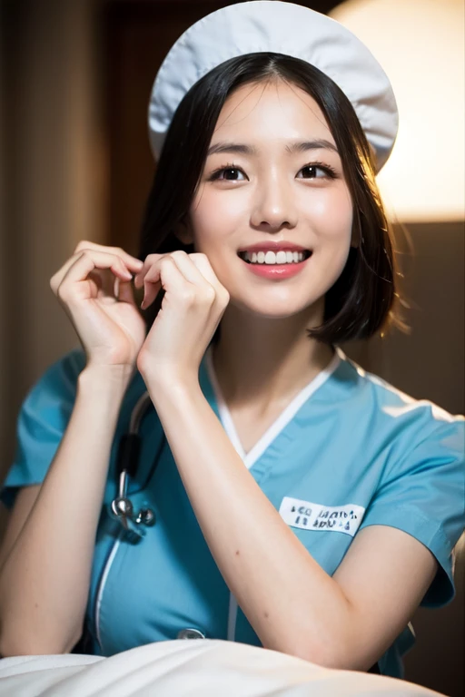  (medium shot), 1girl,(wrists together:1.4), smiling beautiful Japanese female nurse wearing fitted nurse dress, beautiful detailed face, black hair, pale skin, realistic skin, detailed cloth texture, detailed hair texture, Perfect proportion, accurate, Anatomically correct, Highly detailed face and skin texture, modern hospital room, photorealistic