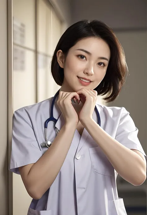 masterpiece,best quality,4k,(medium shot),1girl, (heart hands:1.4), smiling beautiful Japanese female doctor wearing white labcoat over scrubs, standing, beautiful detailed face, black hair, pale skin, realistic skin, detailed cloth texture, detailed hair texture, Perfect proportion, accurate, Anatomically correct, Highly detailed face and skin texture, modern hospital ward, photorealistic, looking at viewer