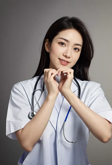 masterpiece,best quality,4k,(medium shot),1girl, (heart hands:1.4), smiling beautiful Japanese female doctor wearing white labcoat over scrubs, standing, beautiful detailed face, black hair, pale skin, realistic skin, detailed cloth texture, detailed hair texture, Perfect proportion, accurate, Anatomically correct, Highly detailed face and skin texture, modern hospital ward, photorealistic, looking at viewer