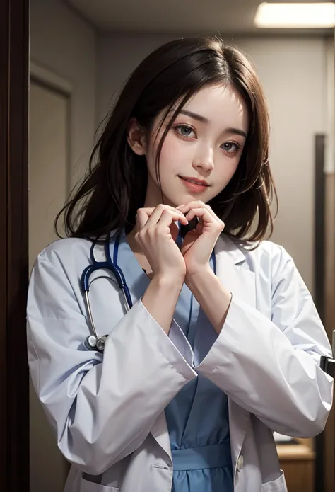 masterpiece,best quality,4k,(medium shot),1girl, (heart hands:1.4), smiling beautiful Japanese female doctor wearing white labcoat over scrubs, standing, beautiful detailed face, black hair, pale skin, realistic skin, detailed cloth texture, detailed hair texture, Perfect proportion, accurate, Anatomically correct, Highly detailed face and skin texture, modern hospital building, photorealistic, looking at viewer