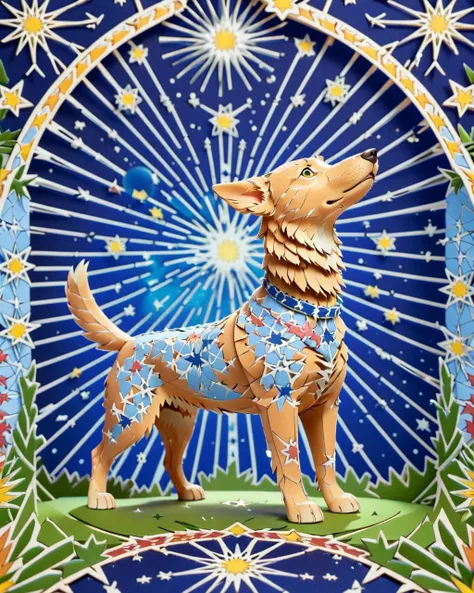 architecture art designed by Karl Friedrich Schinkel, kirigami art of a Canis Minor constellation, Wonder, Depth of field 100mm, "Just shoot for the stars if it feels right, and aim for my heart if you feel like it.", arcadian, <lora:Zellij:1.0> zlj-xl