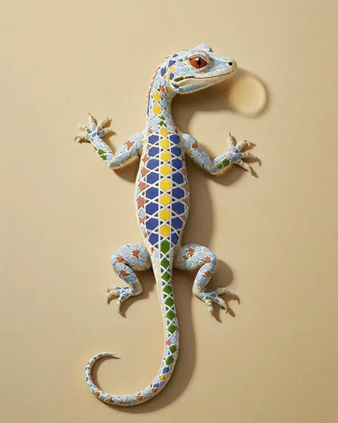 concept art, elegant, Ancient lizard, side lit, 35mm, made of Moroccan mosaic print, <lora:Zellij:1.0> zlj-xl,