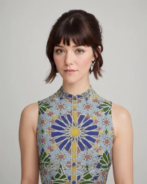 Elegant tiny Mary Elizabeth Winstead Bounty hunter, wearing Moroccan mosaic with Squares accessories, <lora:Zellij.safetensors:1> zlj-xl, colorful geometric pattern