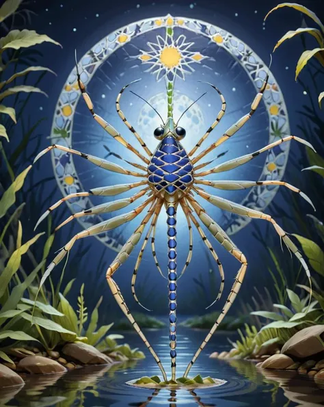 zellij style, Water Strider, in focus, Detailed illustration, Fairy-Tale, Moonlight, professional, <lora:Zellij:1> zlj-xl