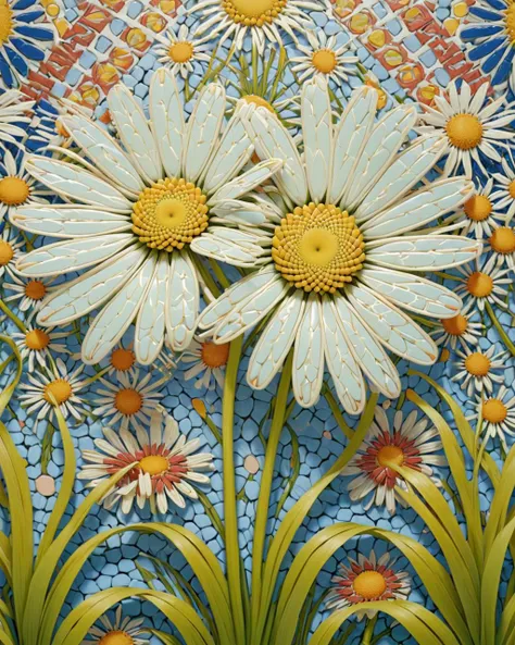 Geometric Style, two shot angle of a Maniacal Aztec (Daisy of Fortitude:1.2) , with Wispy embroidery, reeds and Flora background, designed by beksinski, james jean, loish, artgerm, rutkowsk, moebius, francis bacon and gustav klimt, hair light, Dark hue, arthouse, made of zellij, <lora:Zellij:.75> zlj-xl
