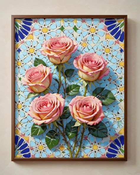 90s illustration style, Digital art, acrylic marbling art of a Rule of Thirds, Pathetic Roses, Indirect light, Unsplash, UHD, made of zellij, <lora:Zellij:1> zlj-xl