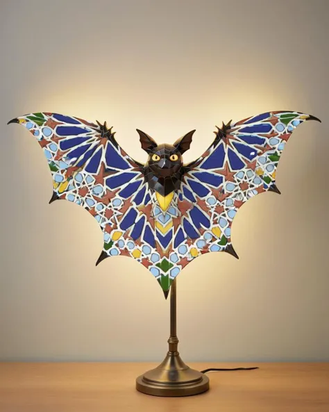 concept art, elegant, Ancient bat, side lit, 35mm, made of Moroccan mosaic print, <lora:Zellij:1.0> zlj-xl,