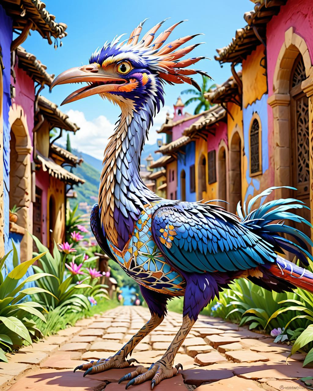 A close up of a bird on a brick road near a building - SeaArt AI