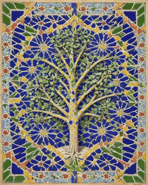 zellij style, (by Jim Dine:0.8) , high angle shot of a Lazuli Salvadoran Linden, 1950S Suburbia, ornate details, photolab, rich colors, <lora:Zellij:1> zlj-xl