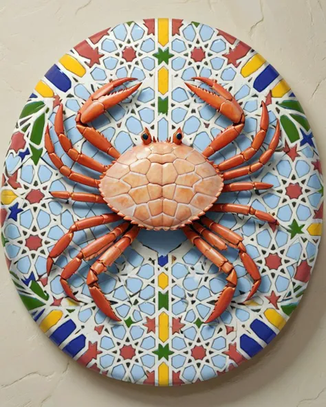 concept art, elegant, Ancient crab, side lit, 35mm, made of Moroccan mosaic print, <lora:Zellij:1.0> zlj-xl,
