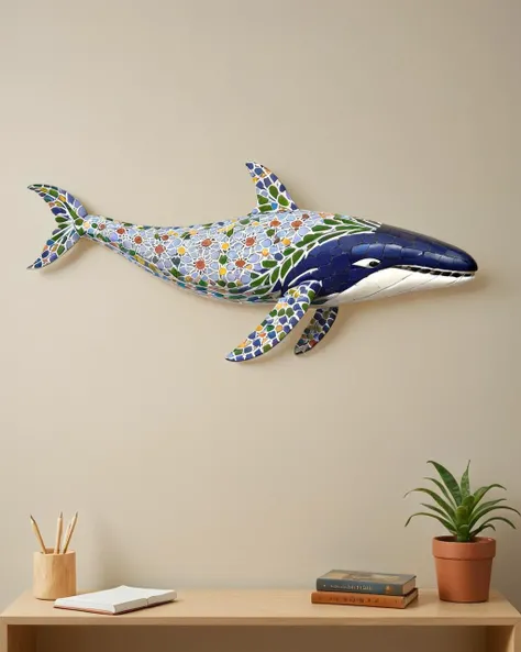 concept art, elegant, Ancient  whale, side lit, 35mm, made of Moroccan mosaic print,   <lora:Zellij:1.0> zlj-xl,