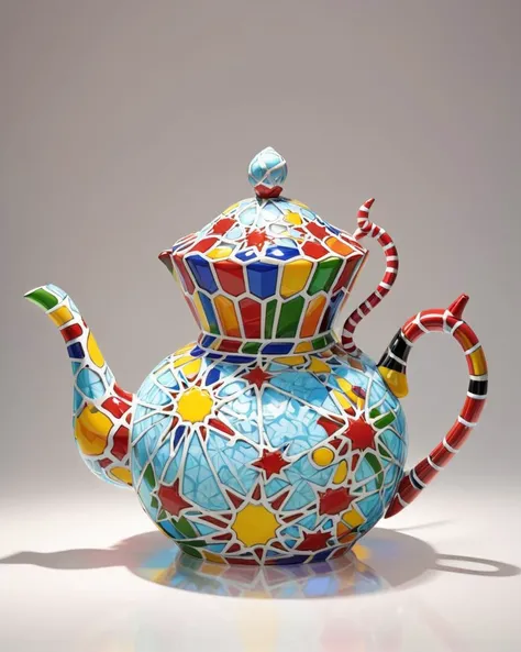 good-looking pleasant teapot, covered in Cobwebs, Villagecore, Ambient lighting, stained glass art designed by Romero Britto, <lora:Zellij:0.8> zlj-xl