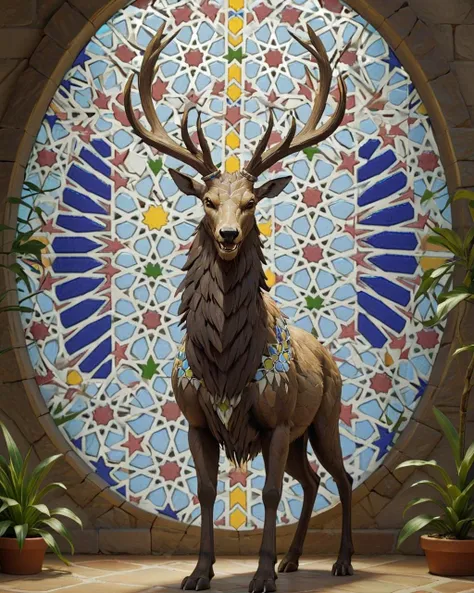 concept art, elegant, Ancient wendigo, side lit, 35mm, made of Moroccan mosaic print, <lora:Zellij:1.0> zlj-xl,