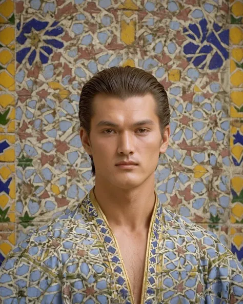 stylized by Joao Ruas, Louis Janmot, Photograph,close up of a Divine well-endowed Han Dynasty (Male Clerk:1.1) , the Clerk has Ukrainian hair, in focus, 50s Art, Candle light, Kodak gold 200, Selective focus, made of Moroccan tiles, geometric patterns mosaic, <lora:Zellij.safetensors:1> zlj-xl