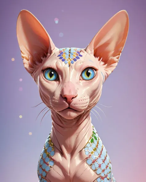 rotated, Digital art, Bokeh, Saturated, High quality, extremely beautiful, Sphynx Cat, <lora:Zellij:1> zlj-xl