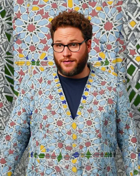 portly Seth Rogen Speaking in public, dressed in Moroccan mosaic, The Moroccan mosaic is in the style of Digital Art, <lora:Zellij.safetensors:1> zlj-xl, colorful geometric pattern