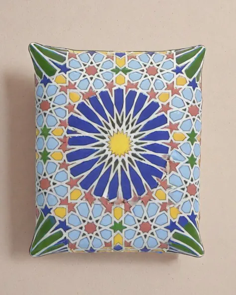 made of moroccan tiles, geometric patterns mosaic, Repugnant Eastern [Pillow|Welding machine], pond, Bombacore, <lora:Zellij:1> zlj-xl