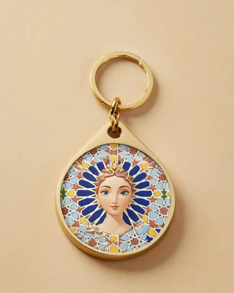 made of Moroccan mosaic print, Pottery of an elegant, Keychain, shallow depth of field, sgraffito, in the style of the birth of venus, <lora:Zellij:1.0> zlj-xl-